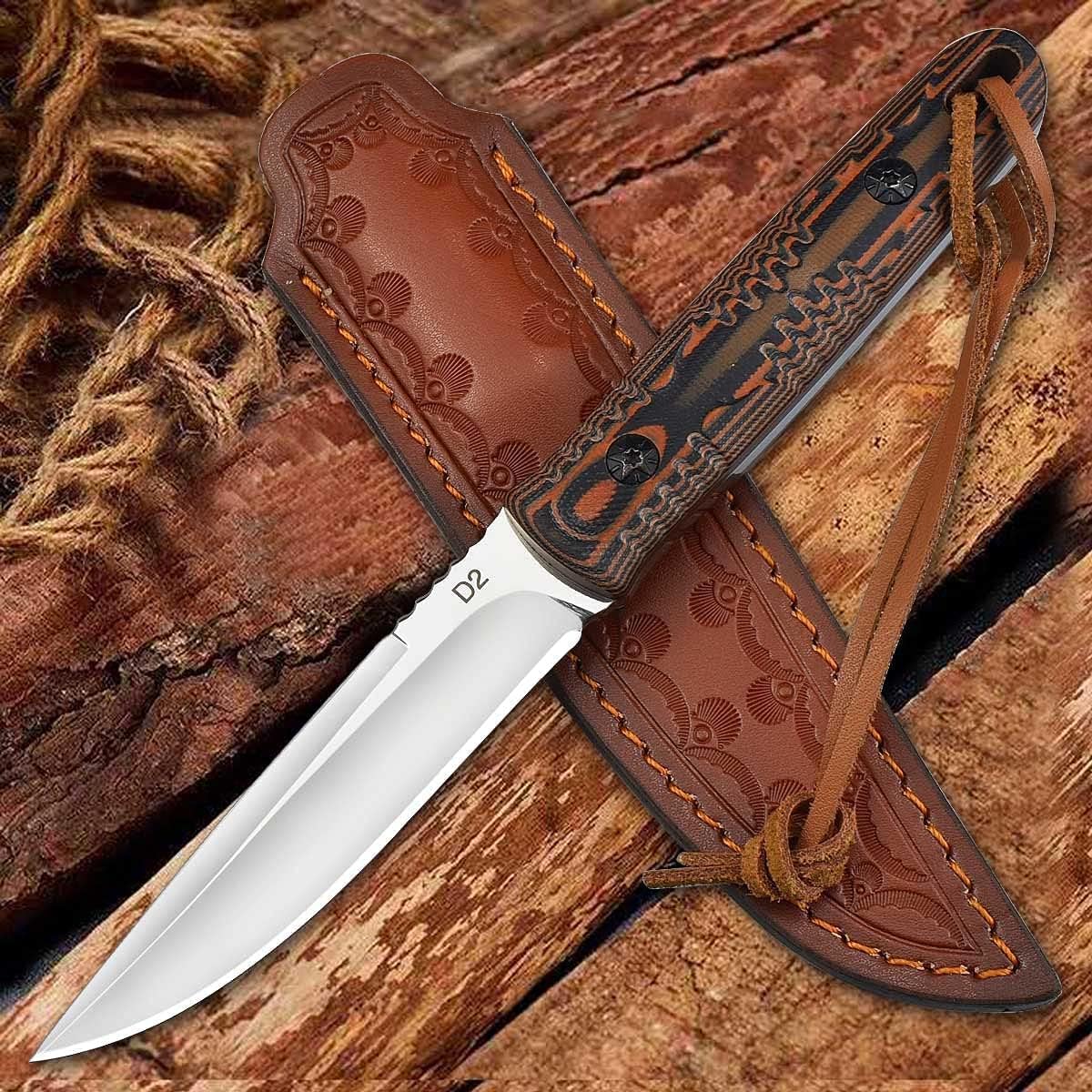 AUBEY Cuchillo de caza de hoja fija de espiga completa con funda de cuero para hombres, hoja D2 cuchillo de supervivencia al aire libre, mango G10