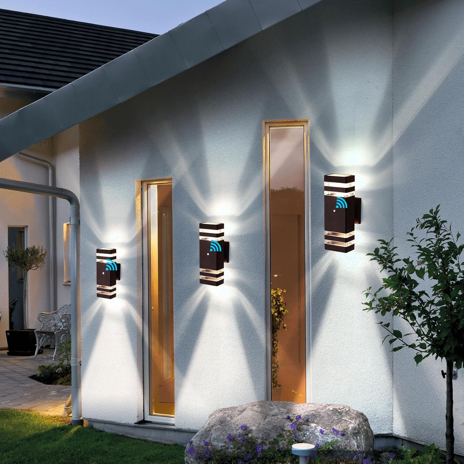 tewei Paquete de 2 luces de pared para exteriores, iluminación LED moderna del anochecer al amanecer, 2 capas, luces marrones para exteriores para