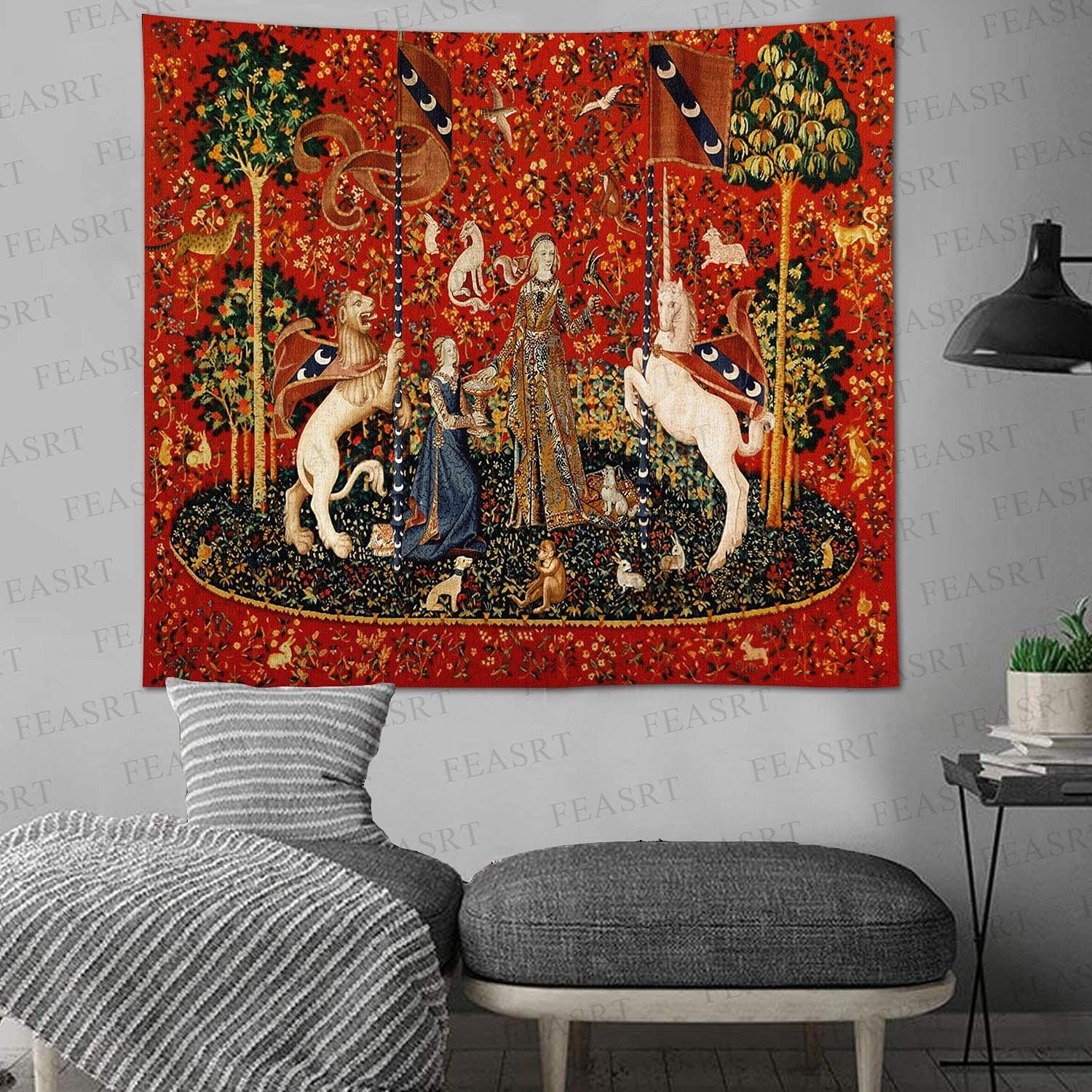FEASRT Tapiz medieval de princesa de doncella y unicornio, tapiz real europeo, 60 x 51 pulgadas, franela suave, para sala de estar, decoración de