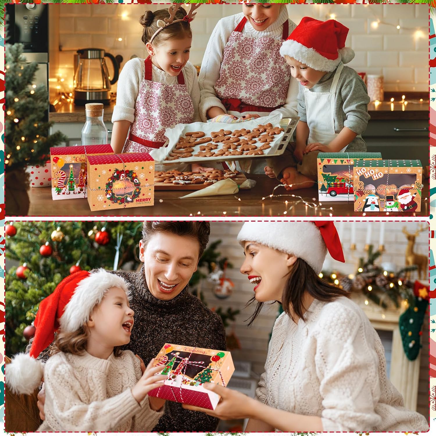 Outus 100 cajas de galletas de Navidad con ventana transparente, 4 estilos de contenedores de galletas de Navidad y 6 rollos de cordeles, cajas de