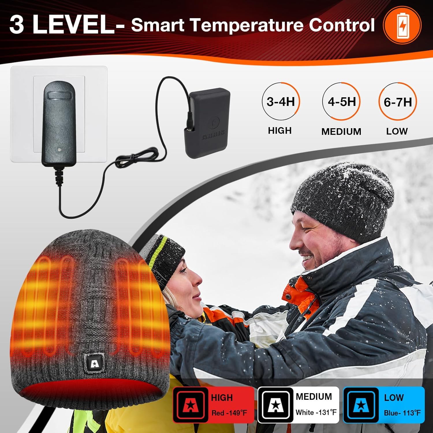 DUKUSEEK Heated Hat, Electric Winter Heated Beanie Hat with 7.4V Rechargeable Battery for Men Women Grey Black