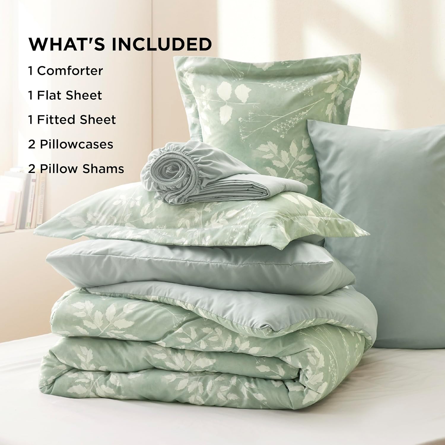 Bedsure Juego de edredón Queen  7 piezas de ropa de cama floral verde salvia en una bolsa con edredón reversible de flores botánicas, sábanas,