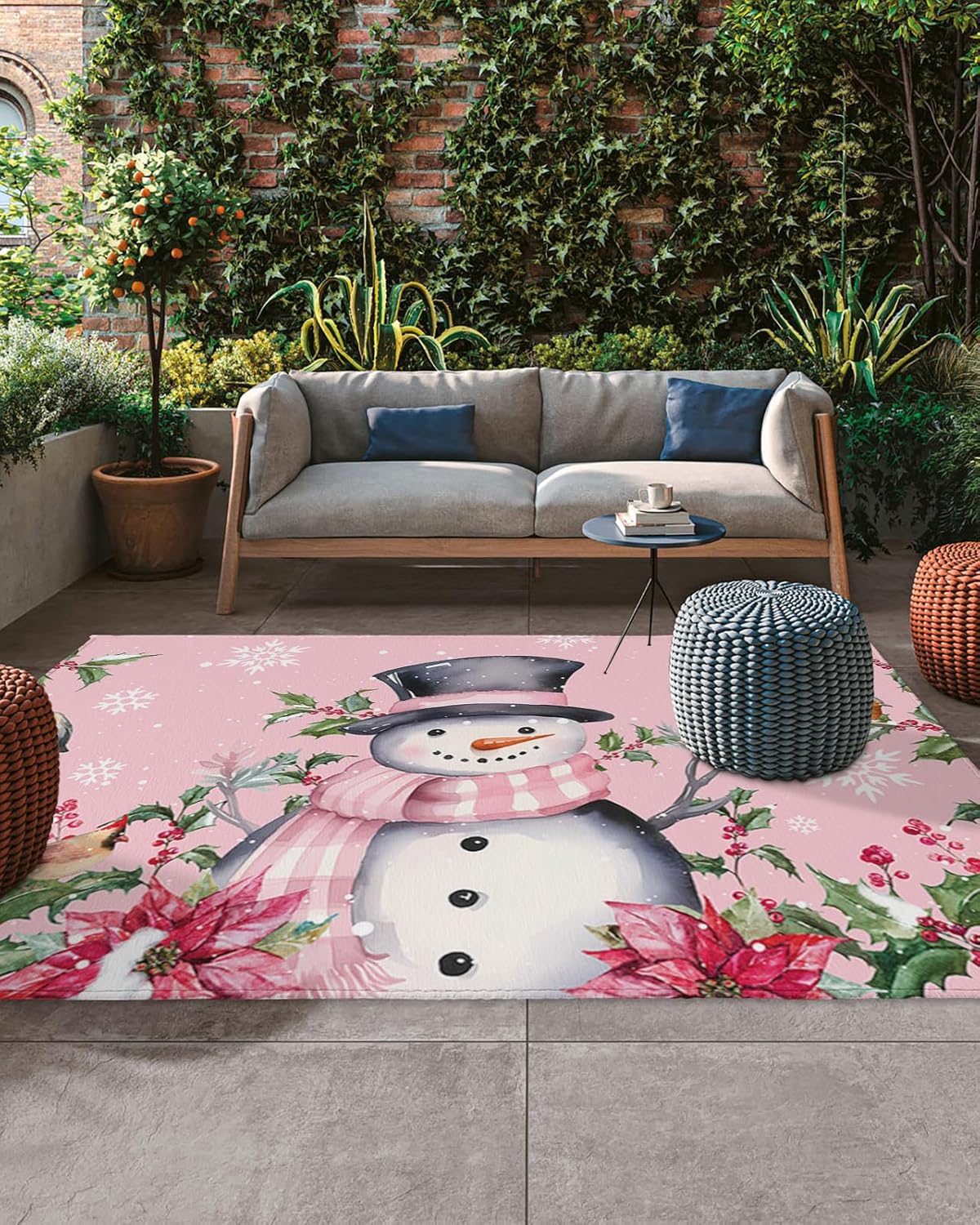 Outdoor Rug Carpet Waterproof 6×9 ft Area Rug, Pink Christmas Poinsettia Flower Berries Snowflake Large Floor Mat for Patio Balcony Living Room