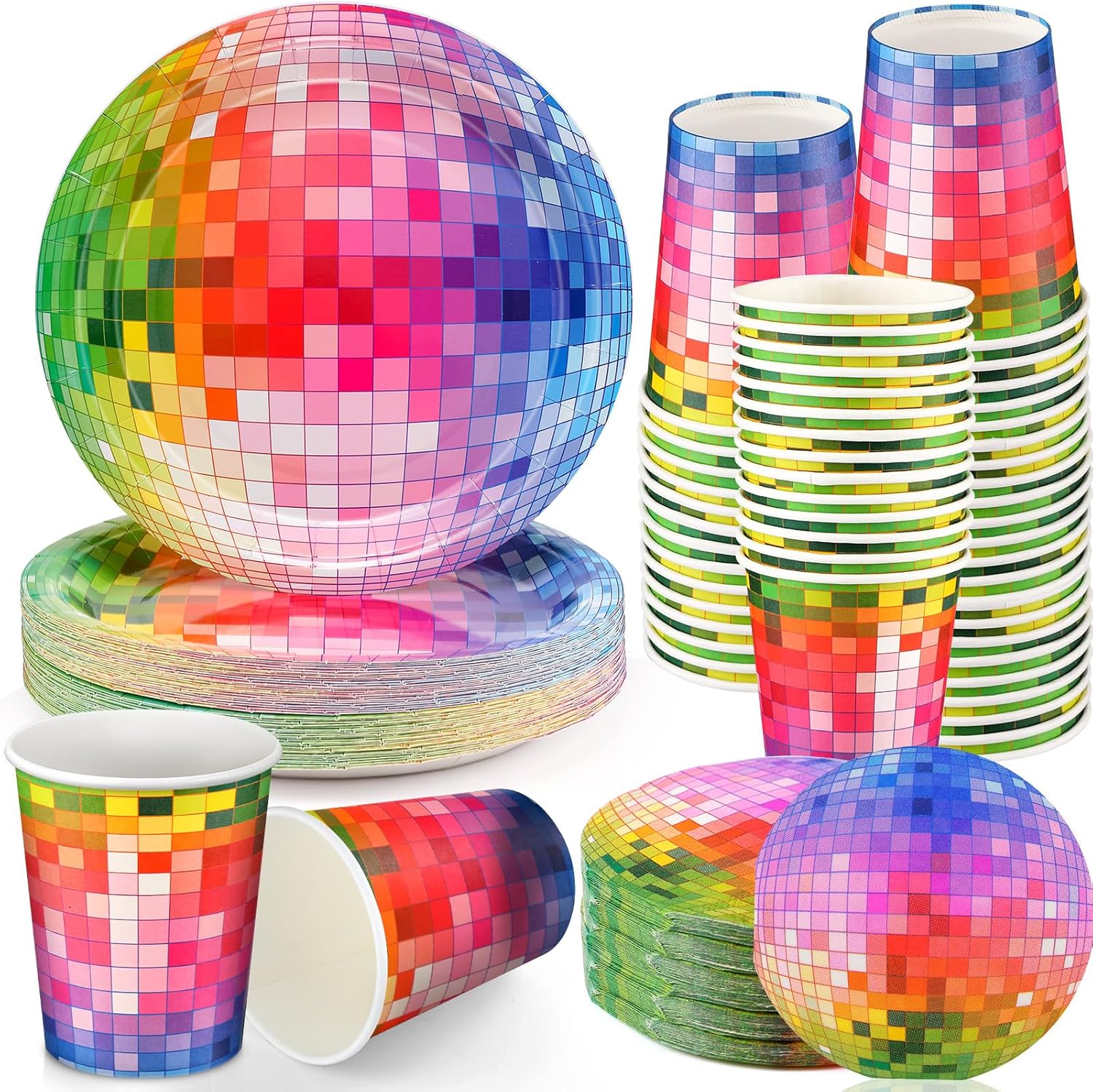 Suministros de fiesta de discoteca de los años 70 incluye 50 platos de papel de bola de disco plateados, 50 vasos de papel de discoteca, 50