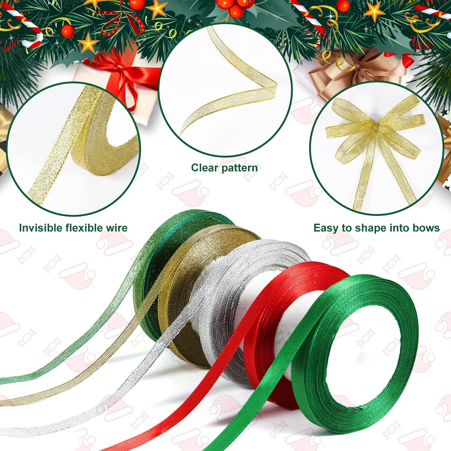 5 rollos de cintas de Navidad para manualidades, paquete de regalo de 25 yardas, envoltura de tela metálica con purpurina para festivales navideños,