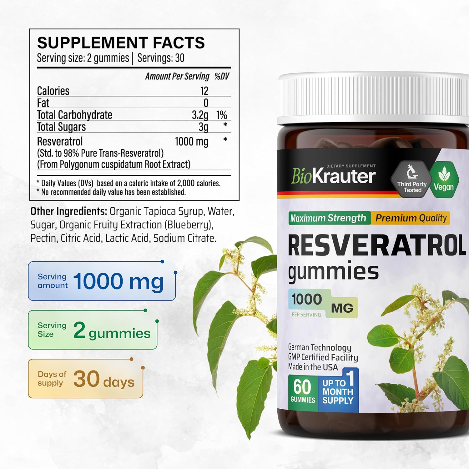 Gomitas de resveratrol – Potente suplemento orgánico de resveratrol de 1000 mg – Biodisponible 98% puro Trans Resveratrol – Apoyo antioxidante – 60