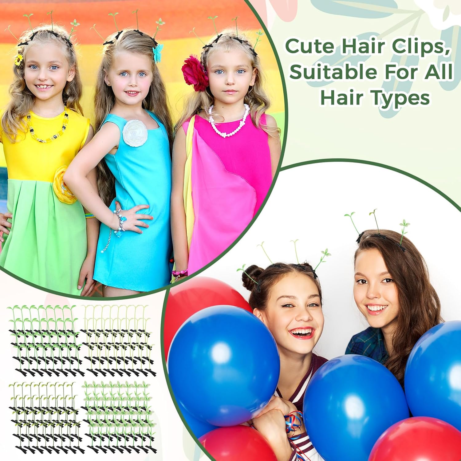 200 pinzas para el cabello con brotes de frijoles, horquillas divertidas para brotes de hierba, brotes de hierba, flores, mariposas, hongos,