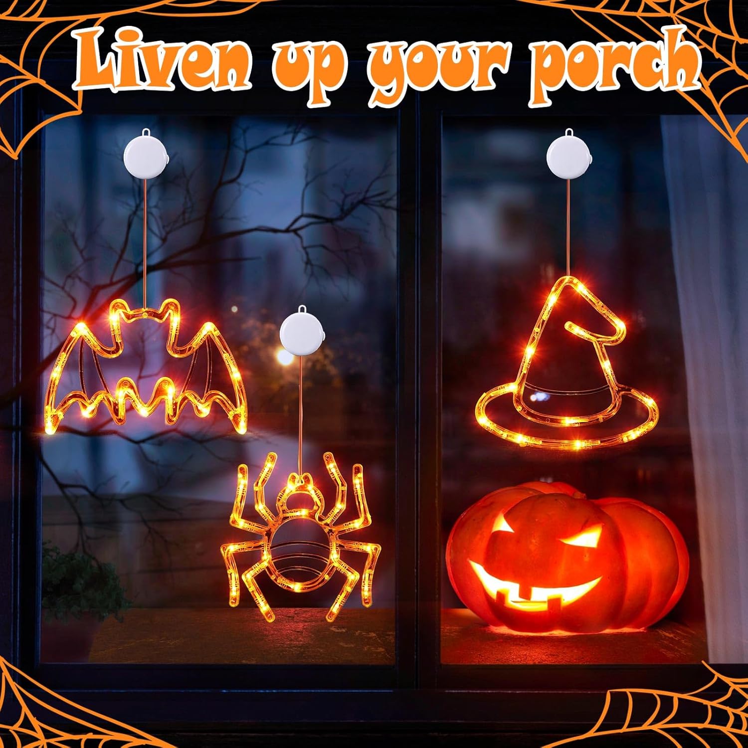 6 luces de Halloween para ventana, luces colgantes de ventana, luces naranjas, araña, fantasma, luces LED naranjas con ventosa para decoración de