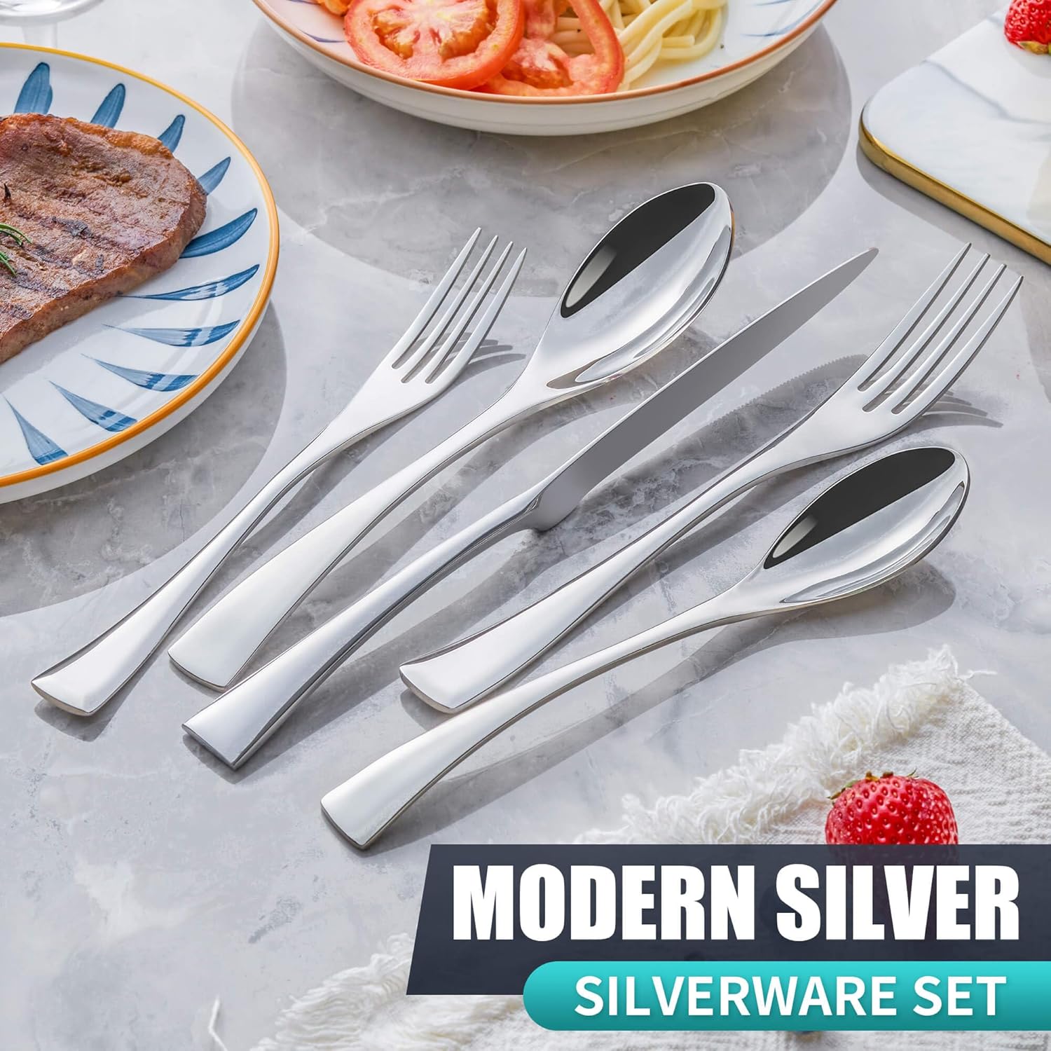 Joincook Juego de cubiertos de 20 piezas para 4, moderno juego de cubiertos de acero inoxidable 1810, juego de utensilios para el hogar,