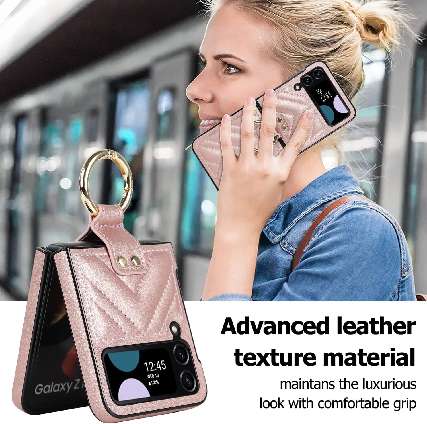 Asuwish Funda de teléfono para Samsung Galaxy Z Flip 4 5G 2022 con anillo, delgada, a prueba de golpes, resistente piel sintética, accesorios de