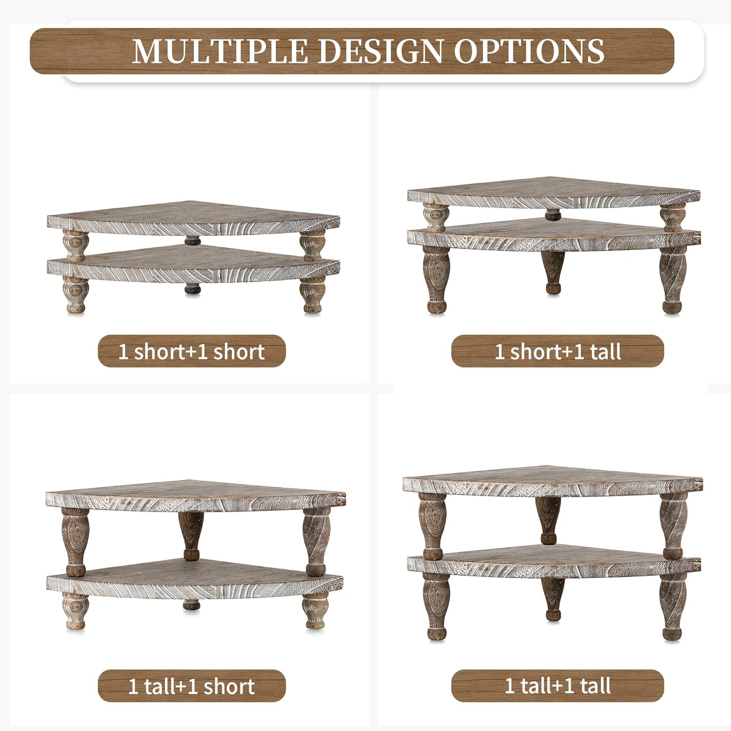 Hanobe Elevador de madera para mostrador de esquina bandeja decorativa rústica, juego de 2 soportes de pedestal de madera para exhibición, bandejas