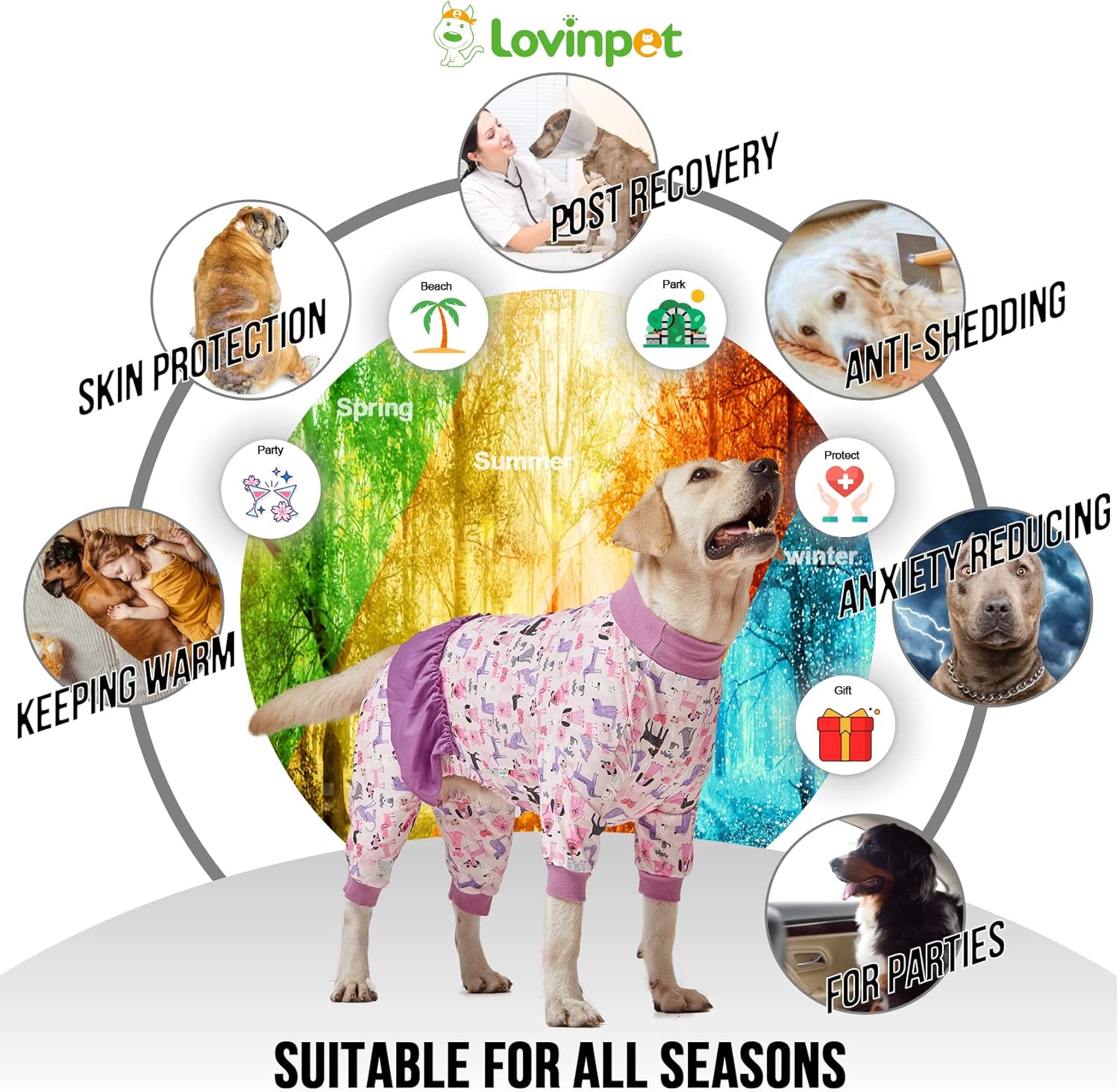 LovinPet Mameluco de manga larga para perros grandes, camisa de algodón de cuello alto, antidesprendimiento, tejido elástico ligero, estampado de