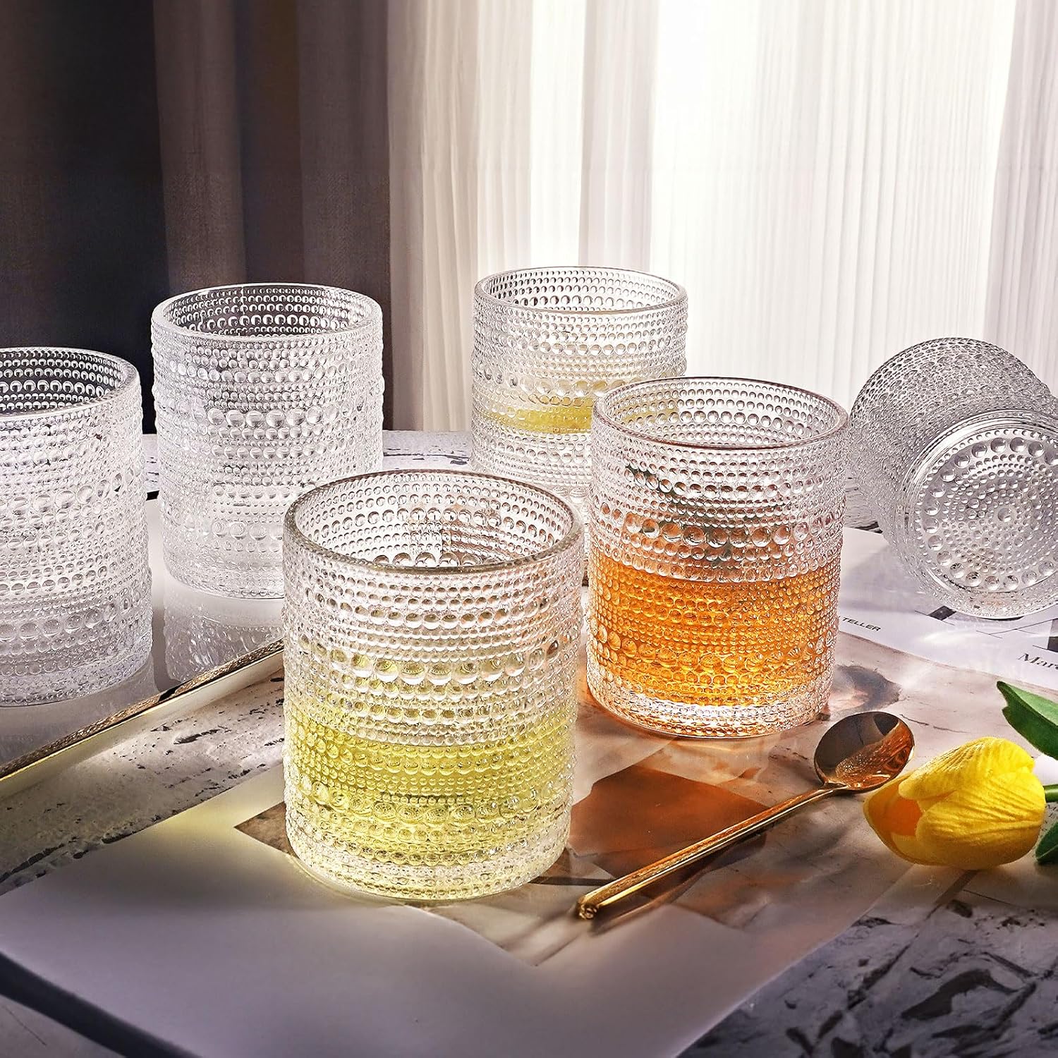 Hobnail – Juego de 4 vasos de cristal de moda antigua de 10 onzas, juego de 4 vasos de jugo de agua, cóctel, juego de cristalería vintage, regalo
