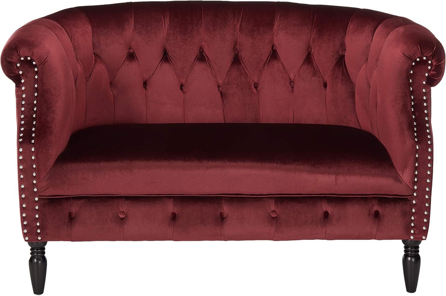 Great Deal Furniture Melaina – Sofá de dos plazas de terciopelo Chesterfield con brazos enrollados, granate y marrón oscuro