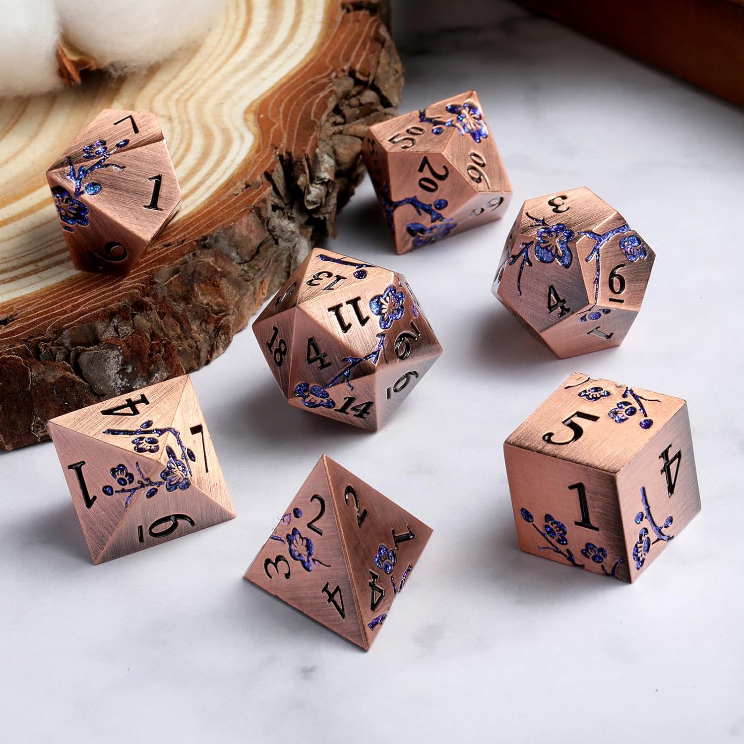 DNDND Dados de metal, 7 piezas de dados DND de flores metálicas sólidas pesadas con estuche de regalo maravilloso para juego de mesa D&D Dungeons