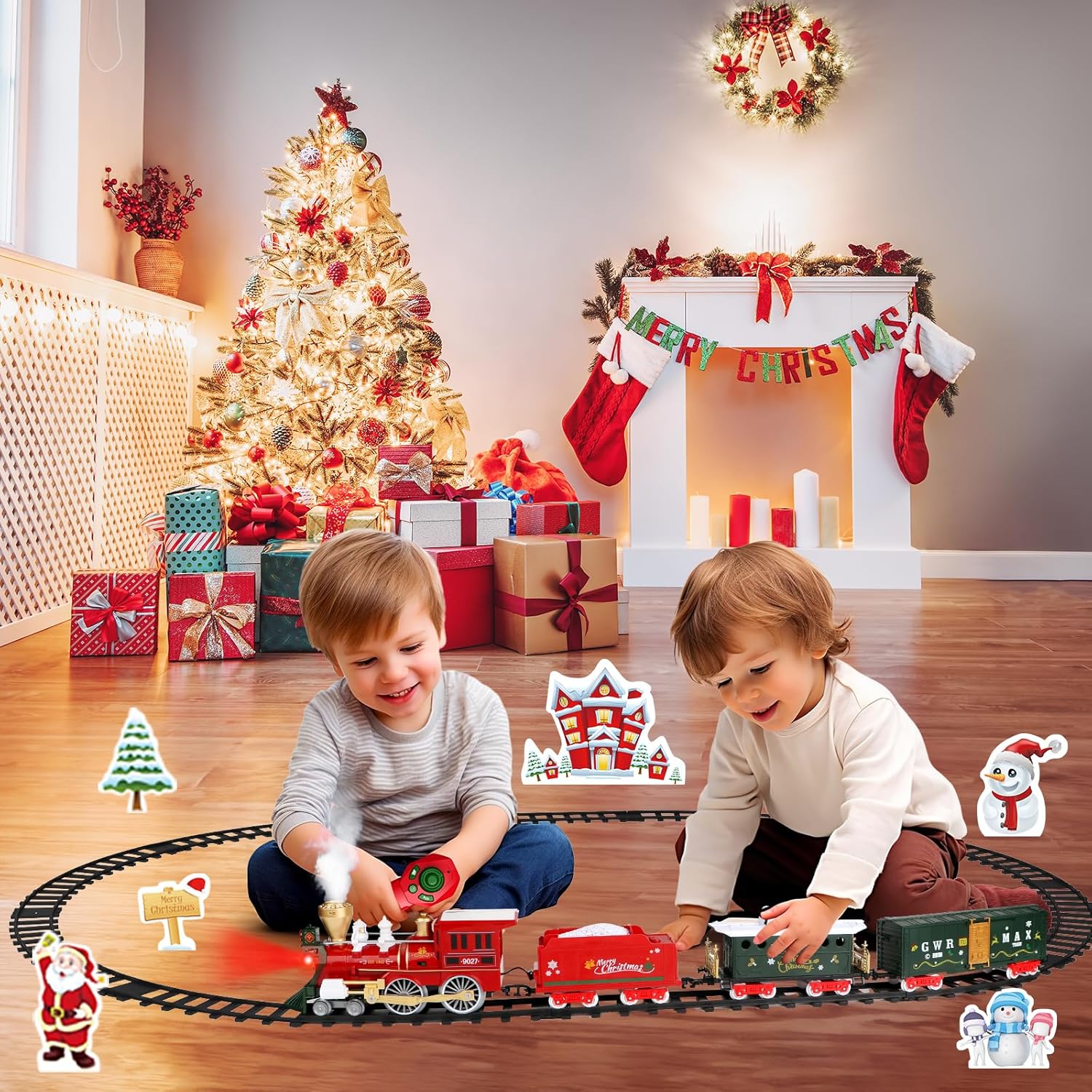 Hot Bee Juego de tren de Navidad, tren de control remoto para juguetes de tren de árbol de Navidad con humo realista, luces y sonidos, tren de