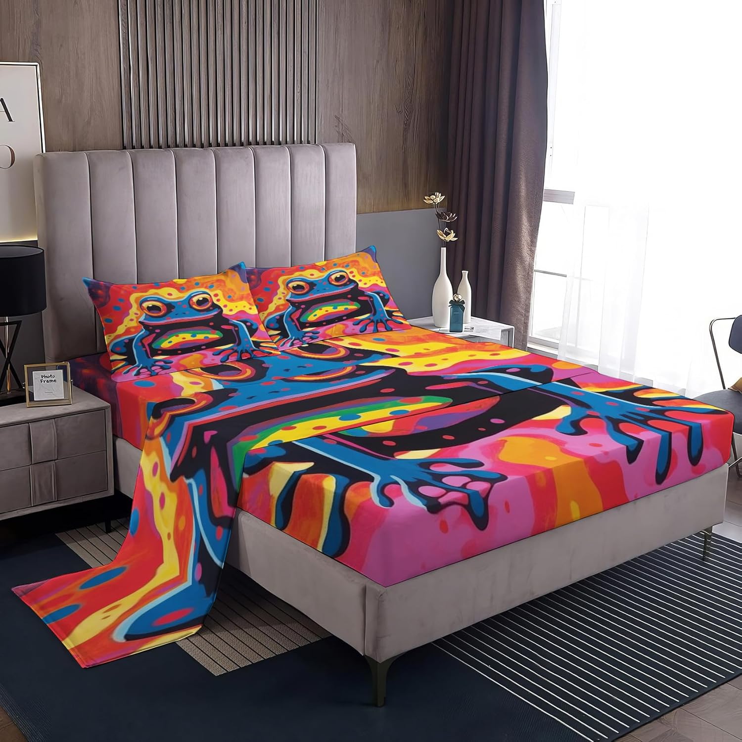 THYUNQ Sábanas de rana tamaño Queen, sábanas y fundas de almohada con patrón colorido, bolsillo profundo de 16 pulgadas, juego de sábanas impresas