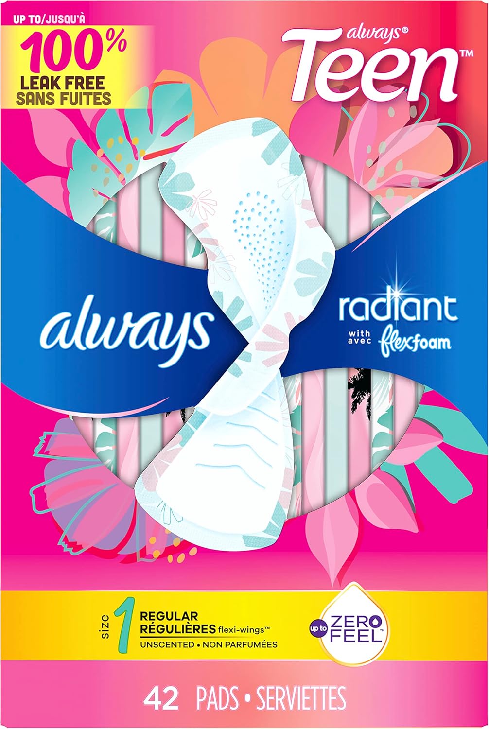 Always Radiant – Almohadillas femeninas para adolescentes, tamaño 1, absorción regular, con espuma flexible, con alas, sin perfume, 42 unidades