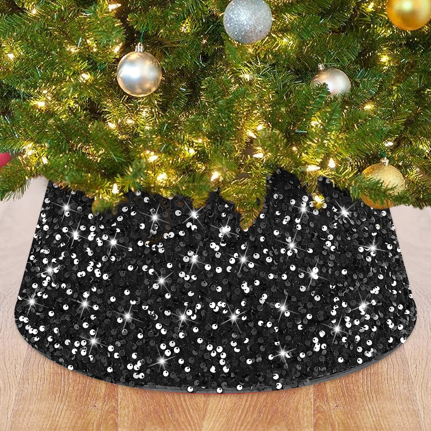 Collar de árbol de Navidad, falda de árbol de lentejuelas negras de 24 pulgadas, faldas de árbol de Halloween para árboles artificiales, anillo de
