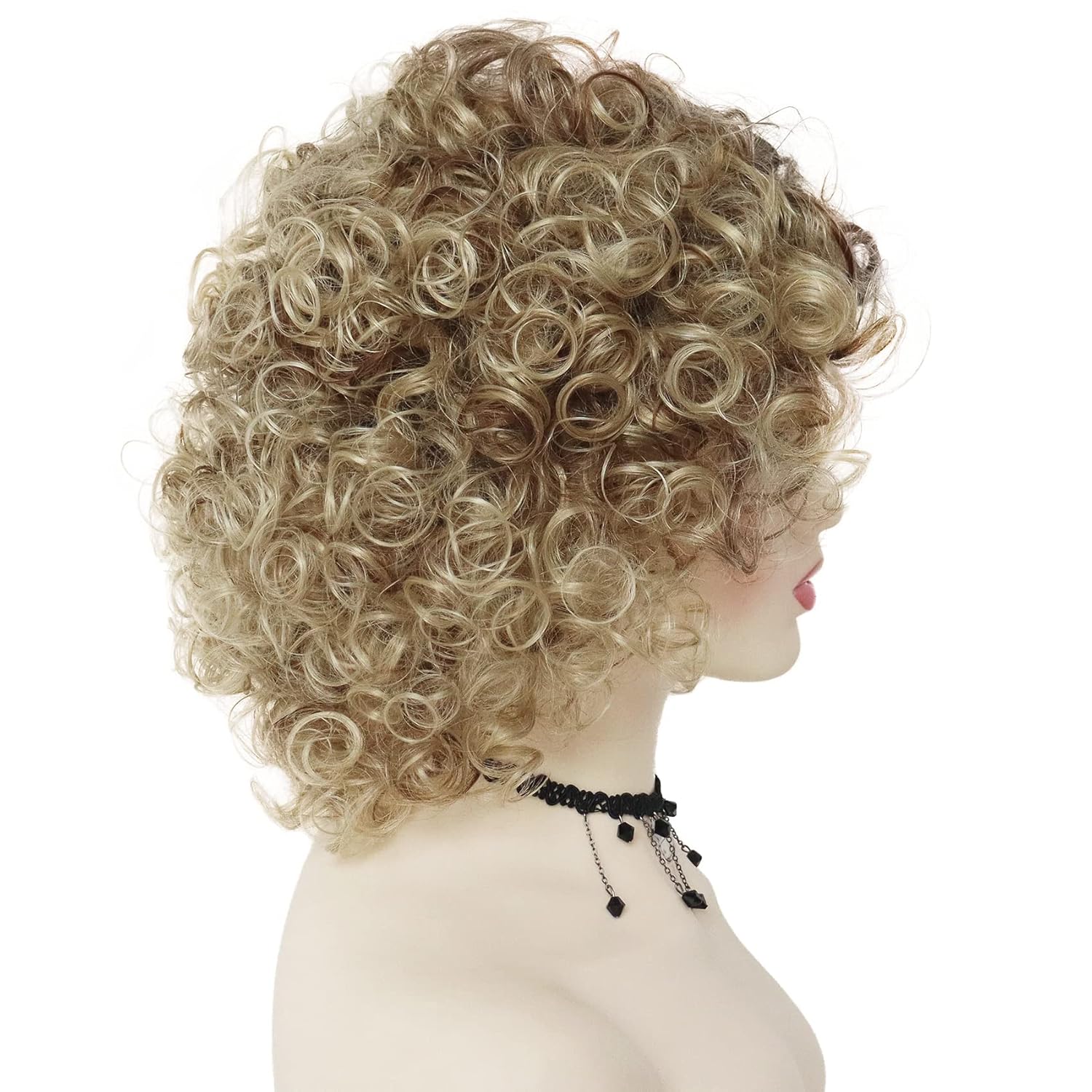 GNIMEGIL Pelucas sintéticas cortas y rizadas para mujer, color rubio oscuro degradado, sueltas, afro, cosplay, peluca de los años 80, raíces
