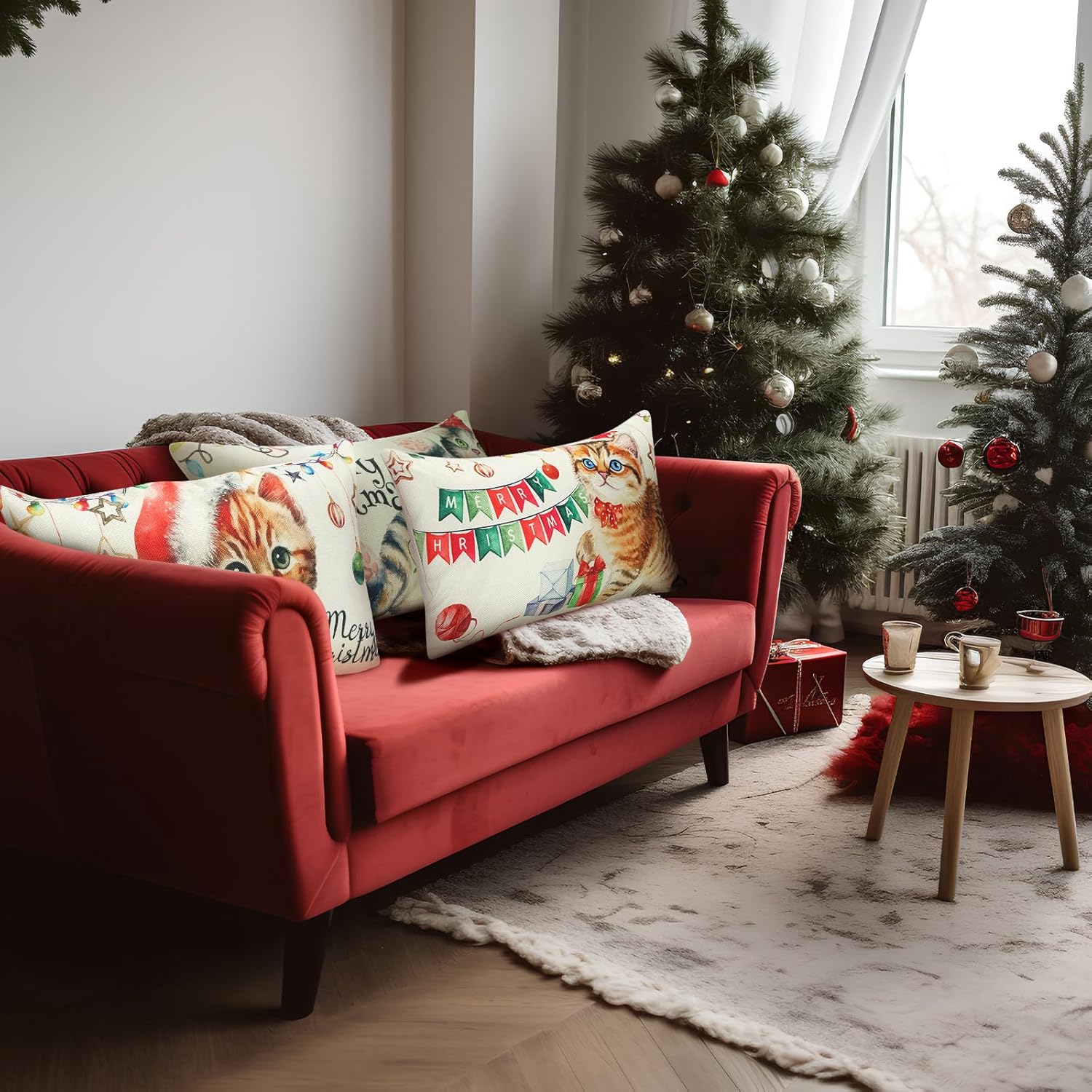 6 fundas de almohada de Feliz Navidad de 12 x 20 pulgadas, fundas decorativas de casa de campo de gato, fundas de almohada decorativas de invierno
