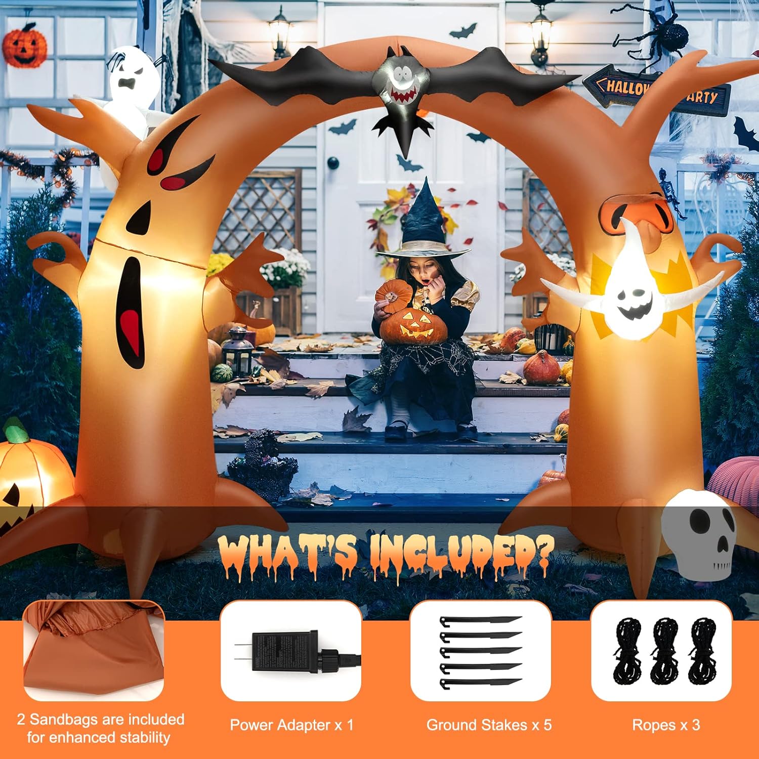 COSTWAY Arco de árbol muerto inflable de Halloween de 8 pies de alto con murciélago, luces LED brillantes y soplador integrado