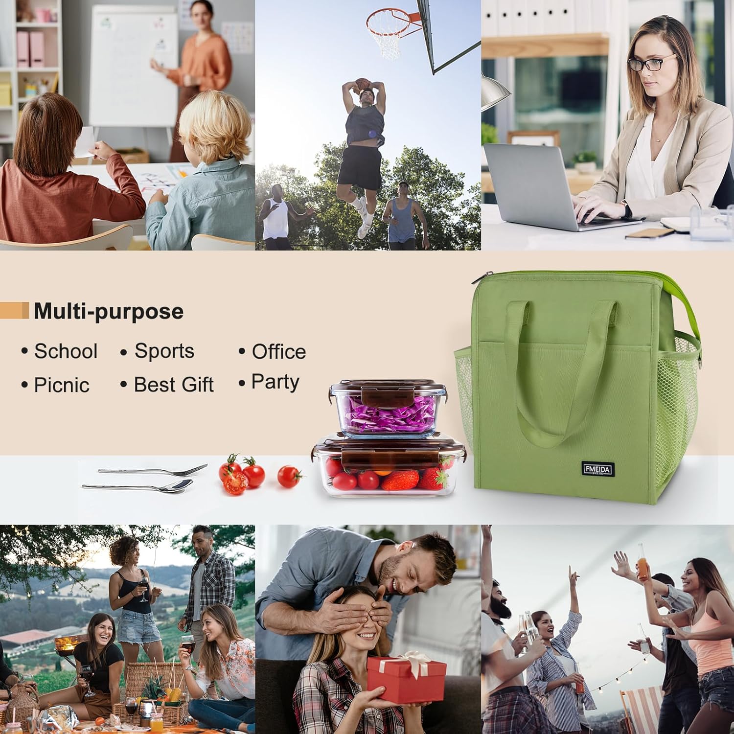 Fmeida Lonchera térmica para mujer, a prueba de fugas, bolsa de almuerzo reutilizable, bolsa de almuerzo estética grande, bolsa de almuerzo con