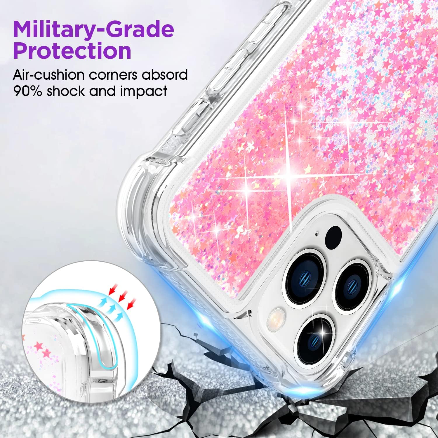 ANSHOW Funda para iPhone 13 Pro Max con purpurina, TPU transparente a prueba de golpes con 2 protectores de pantalla, purpurina rosa claro brillante