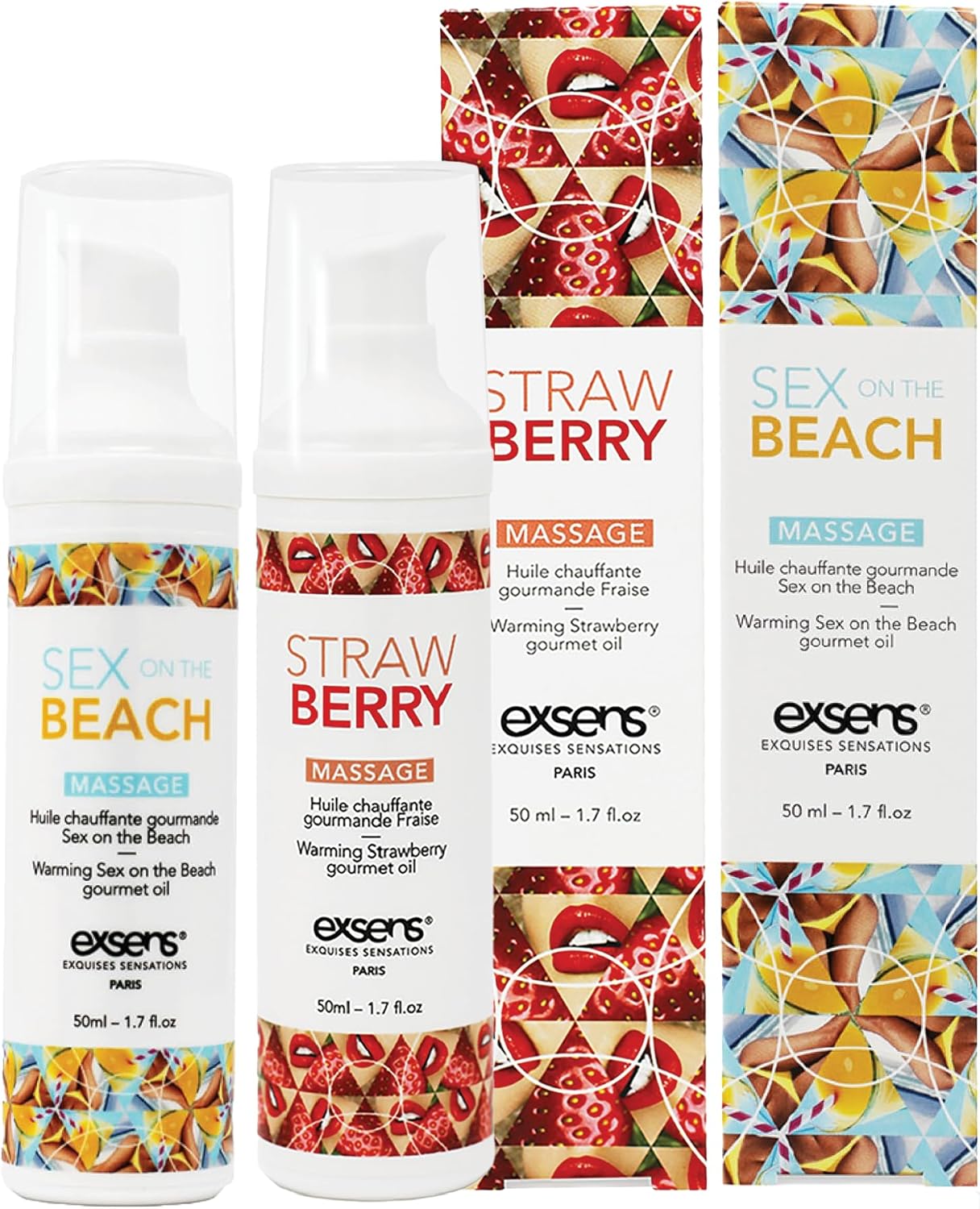 Exsens Aceite de masaje cálido sabor Stawberry y Sex on the Beach, para hombres, mujeres y parejas, todo natural, paquete de 2