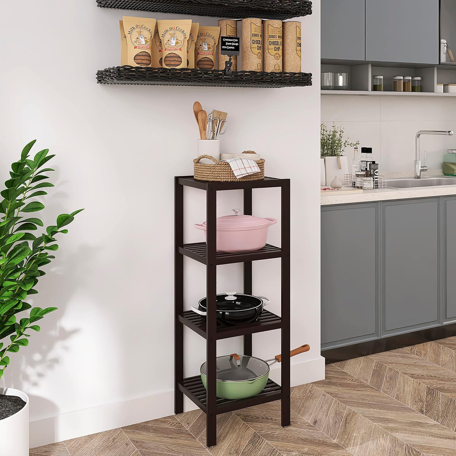 SMIBUY Estante de almacenamiento para baño, organizador de bambú de 4 niveles, estantería multifuncional para sala de estar, dormitorio, cocina