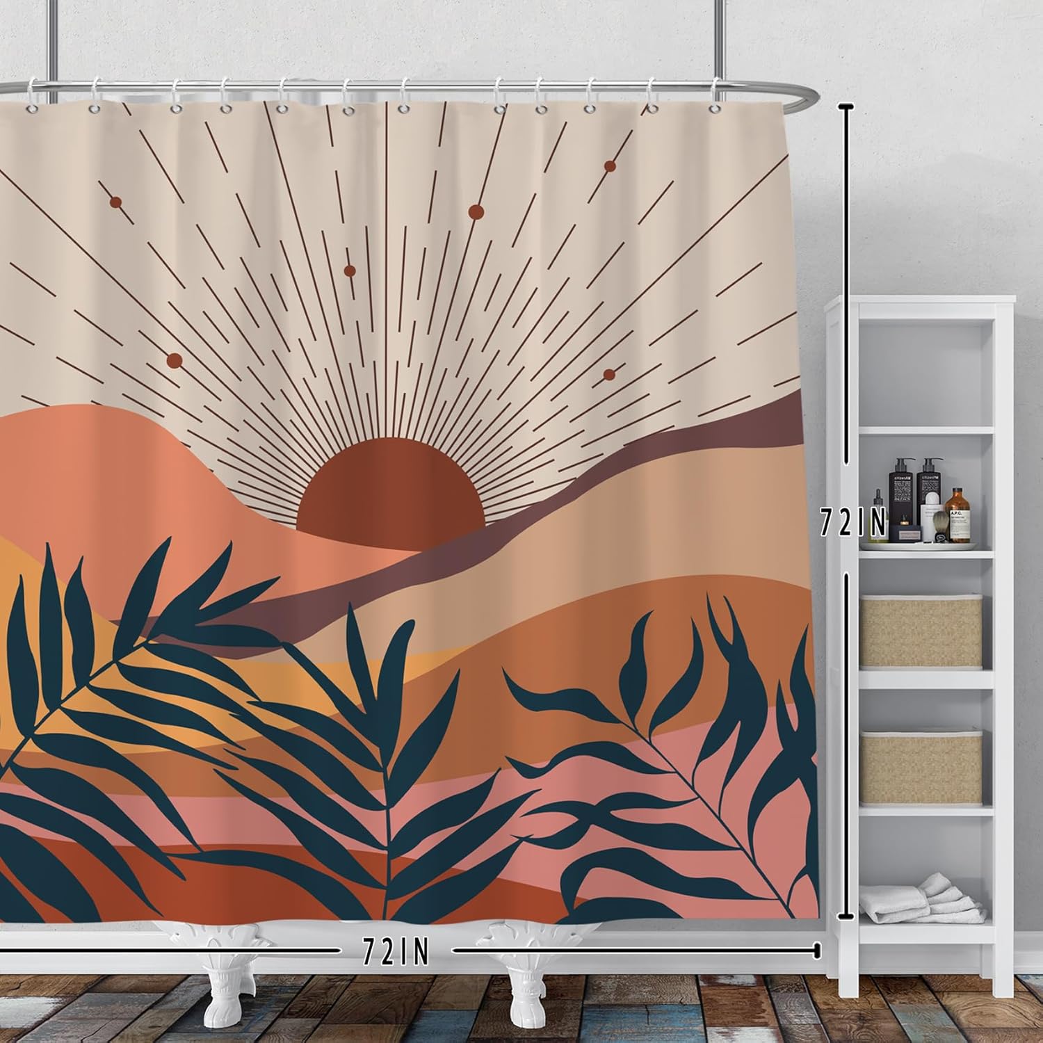 Baocicoo – Cortina de ducha de sol abstracta bohemia con salida del sol de mediados de siglo, cortina de ducha de montaña para baño, decoración
