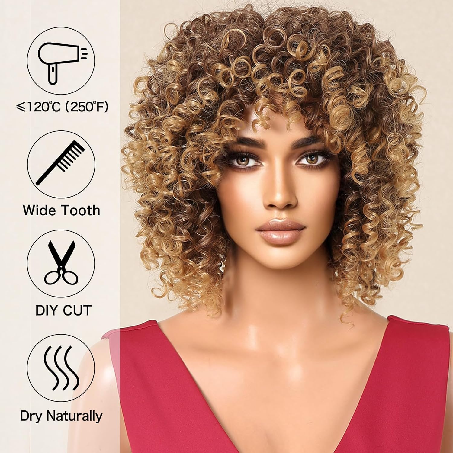 Allbell Pelucas cortas y rizadas para mujeres negras, peluca rubia suave y rizada con flequillo, rizos afro, resistente al calor, peluca sintética