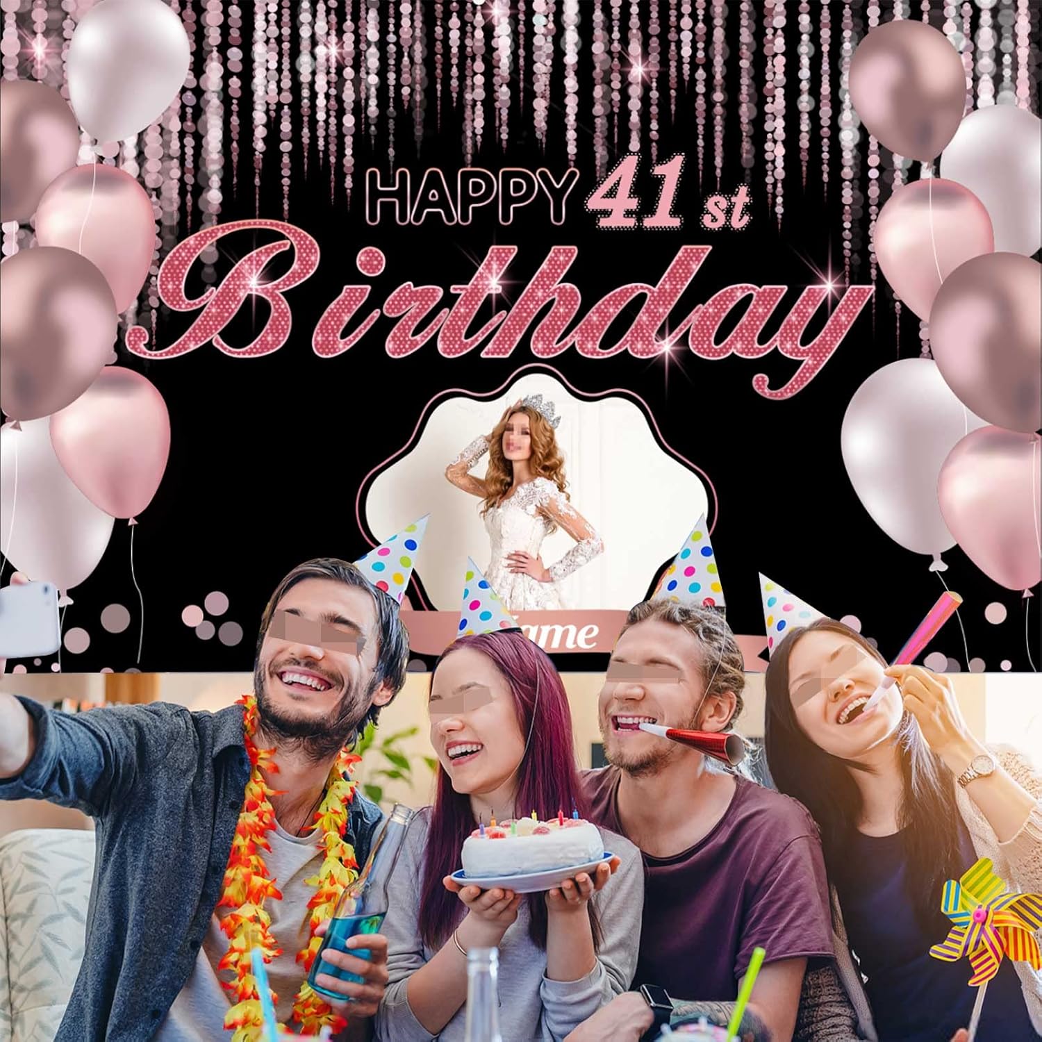 Cartel de decoración de feliz cumpleaños número 41 de oro rosa, tamaño grande, personalización con nombre y foto compatible