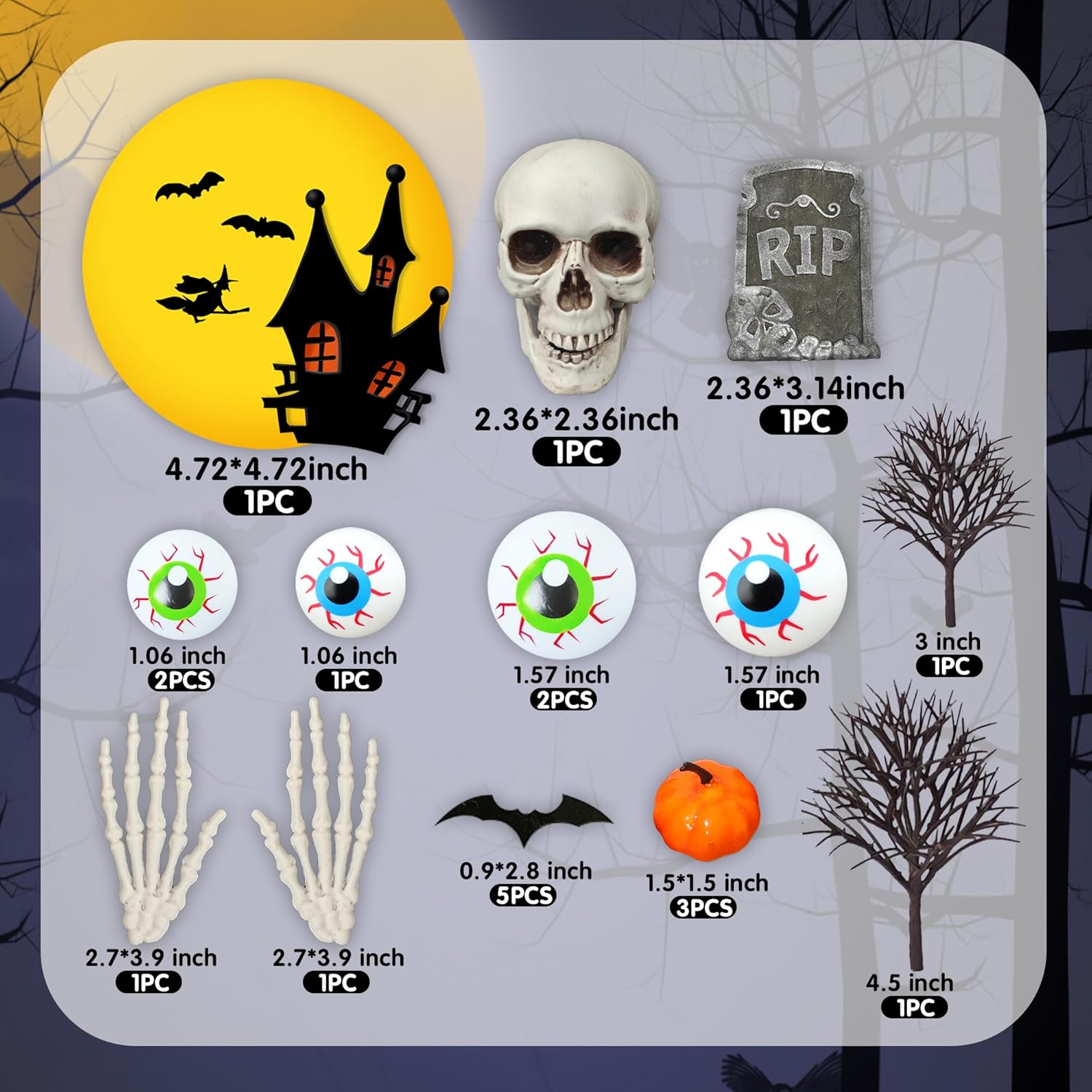 Decoración para tartas de Halloween, lápida, luna, decoración de pastel de calabaza, cabeza de calavera, globos oculares, manos de esqueleto,