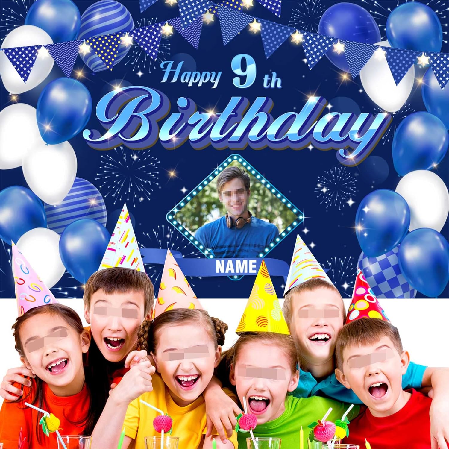 Fondo de decoración de cumpleaños número 9 azul marino personalizado, letrero de fondo de cumpleaños con purpurina, pancarta de feliz cumpleaños,