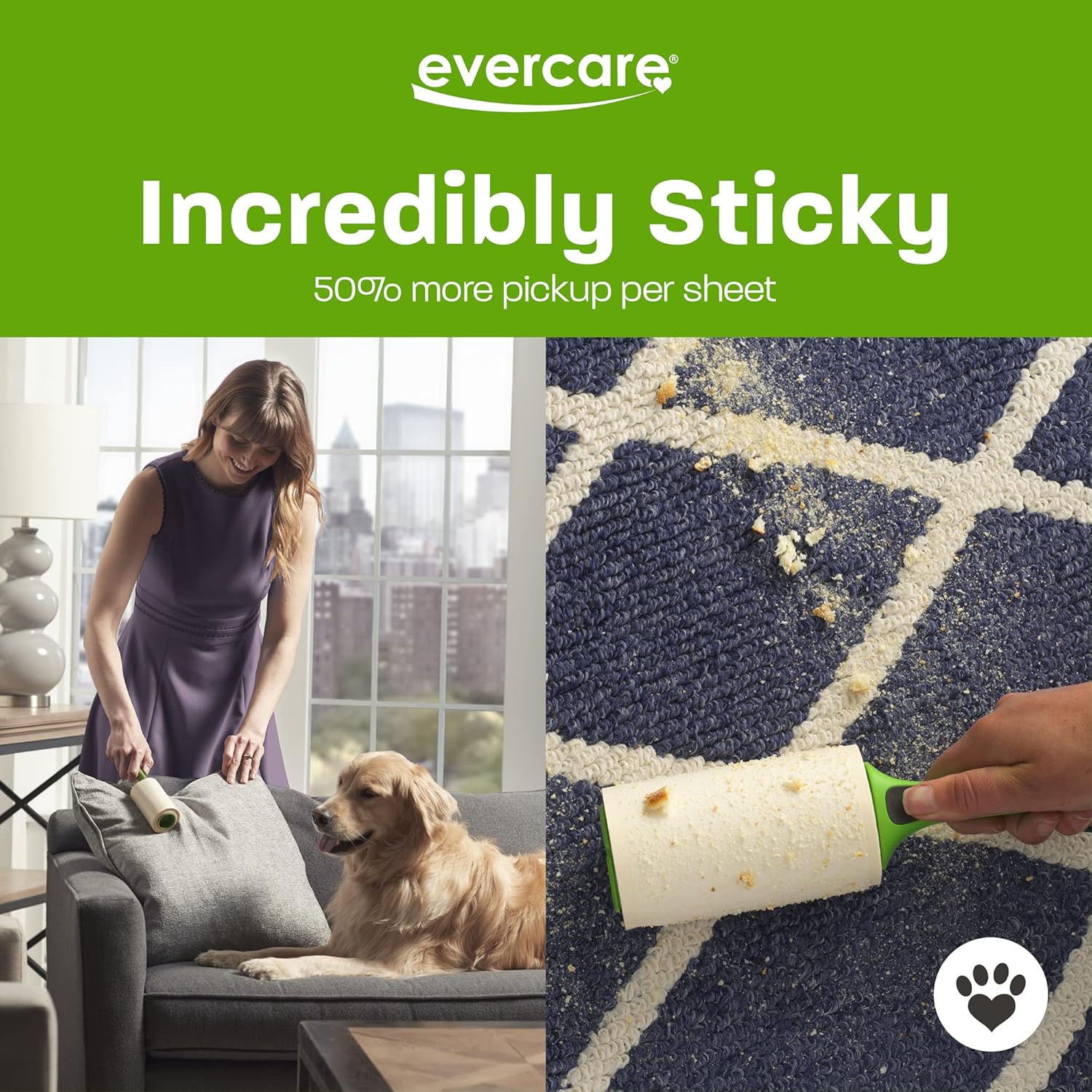 Evercare Pet Extreme Stick – Rodillo de pelusa recargable gigante, 60 hojas, color verde
