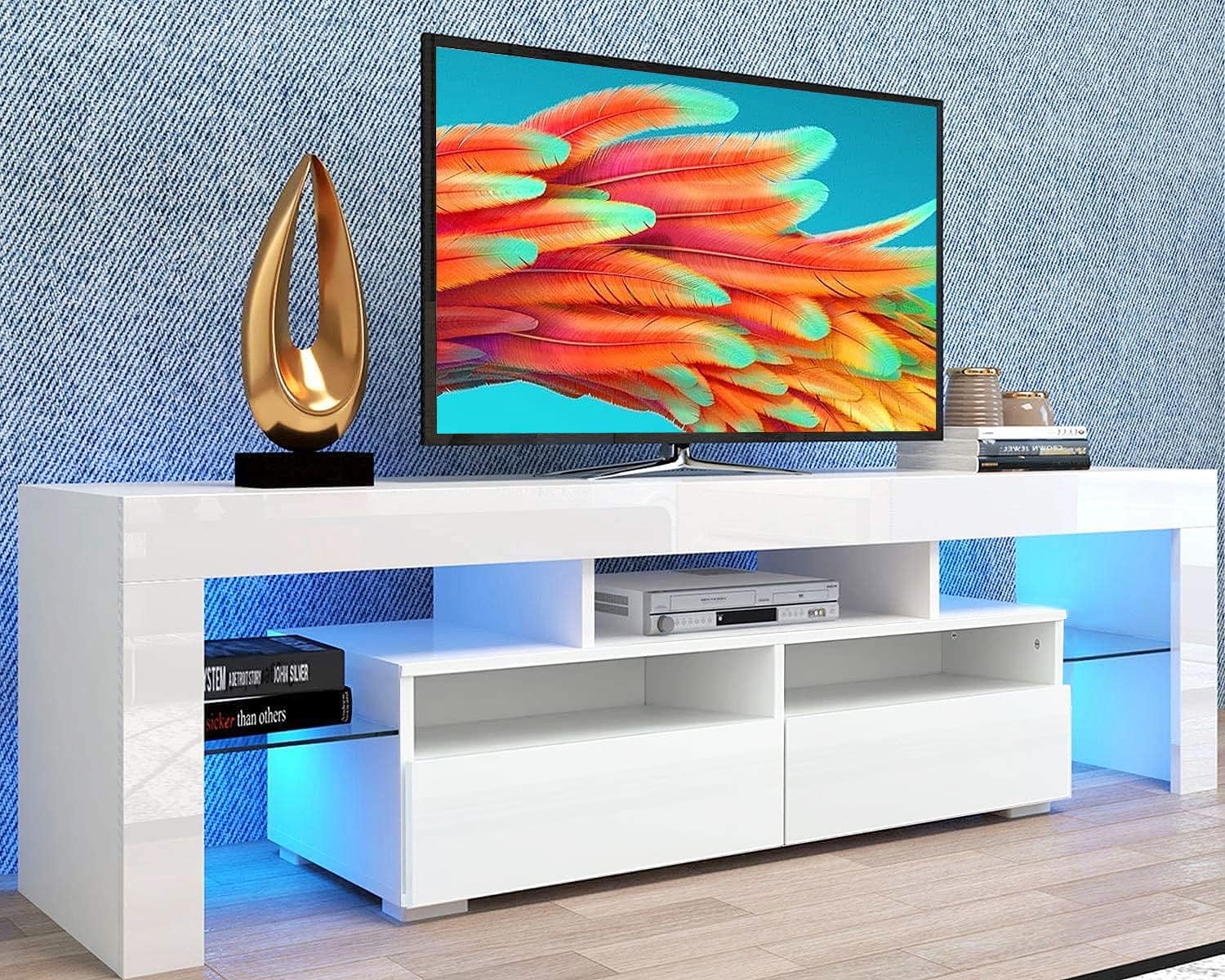 Goujxcy Soporte de TV LED para televisores de 65 pulgadas, centro de entretenimiento de alto brillo con cajones de almacenamiento, mesa de consola