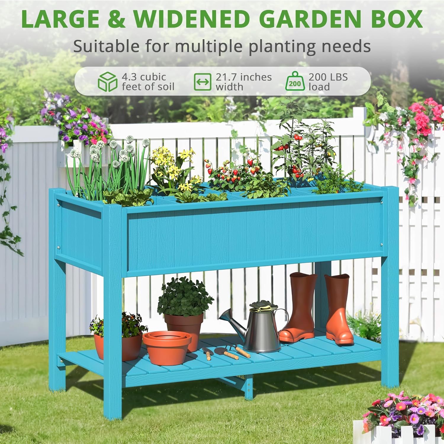 LUE BONA Cama de jardín elevada grande con herramientas y estante, 47 x 21 x 30 pulgadas, 8 bolsillos HDPS elevados para bricolaje con patas, sin