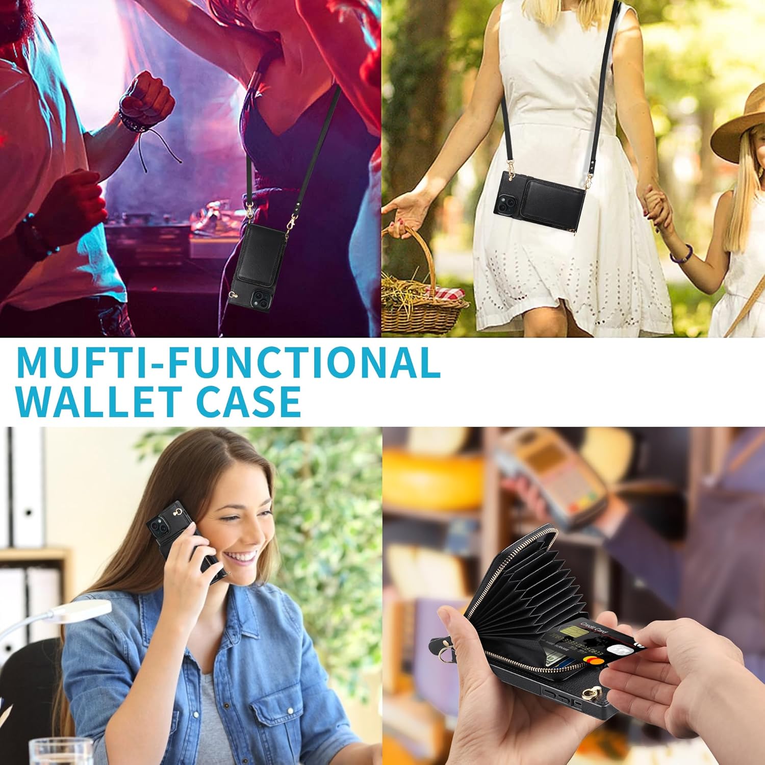 JAKPAK Funda compatible con iPhone 15, funda de piel con cremallera y tarjetero + protector de pantalla 3 unidades, funda protectora con cordón para