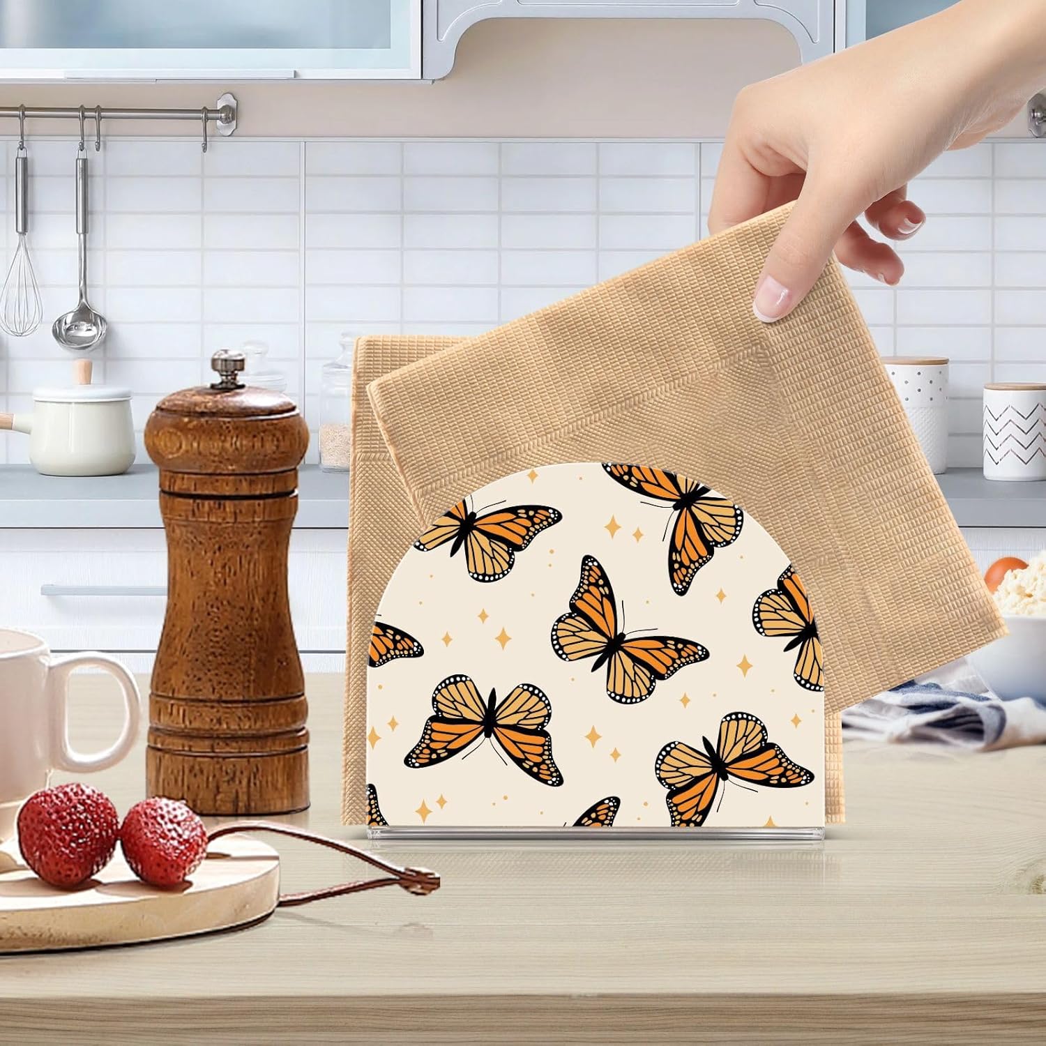 Monarch – Servilletero con diseño de mariposas para mesa de papel, dispensador de pañuelos acrílicos, cocina, comedor, baño, fiesta, decoración de