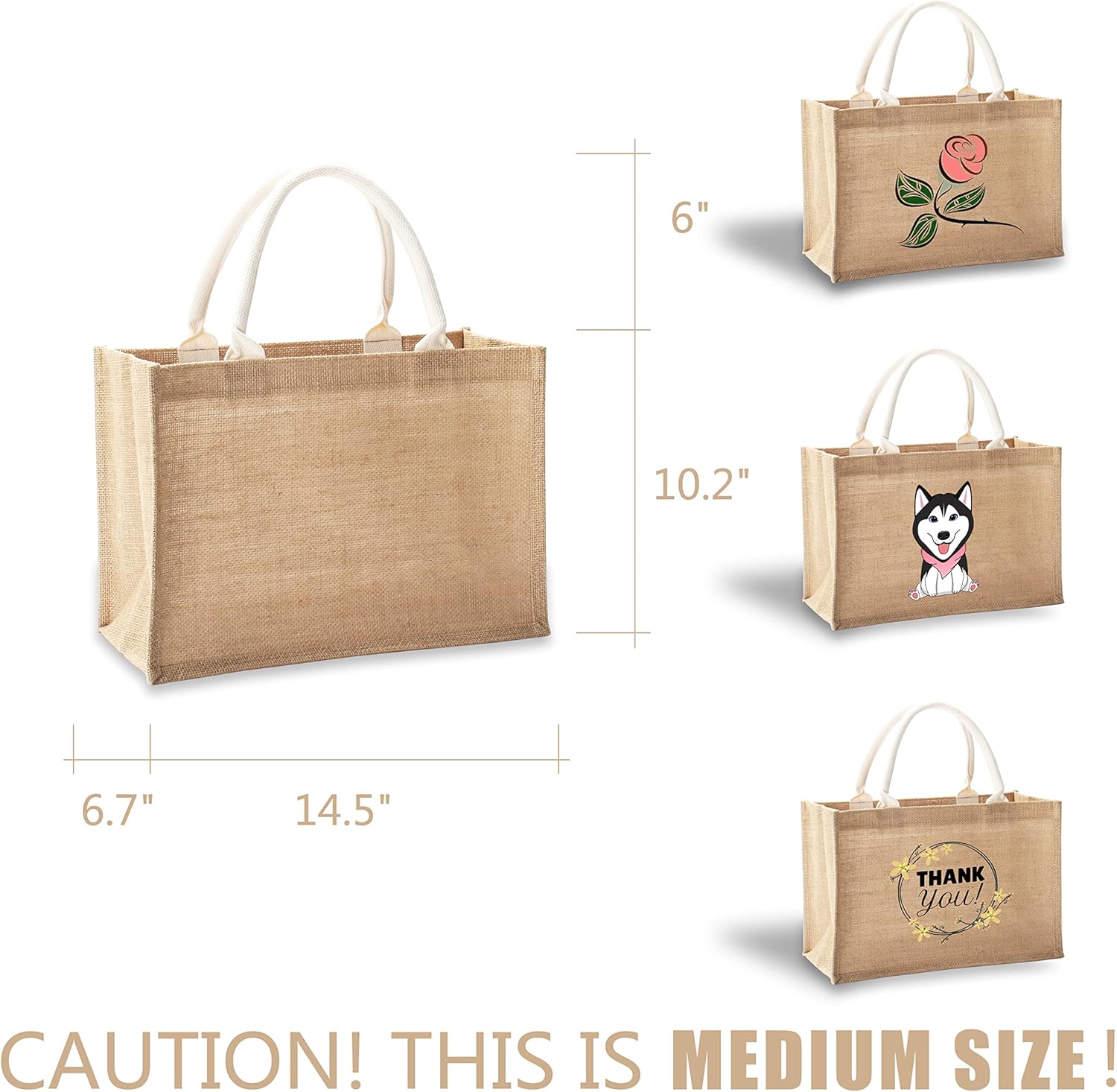 Bolsas de playa de yute, 14.5 x 6.7 x 10.2 pulgadas, paquete de 6 bolsas de arpillera con asas, bolsas de comestibles Resuabale, bolsas de dama de