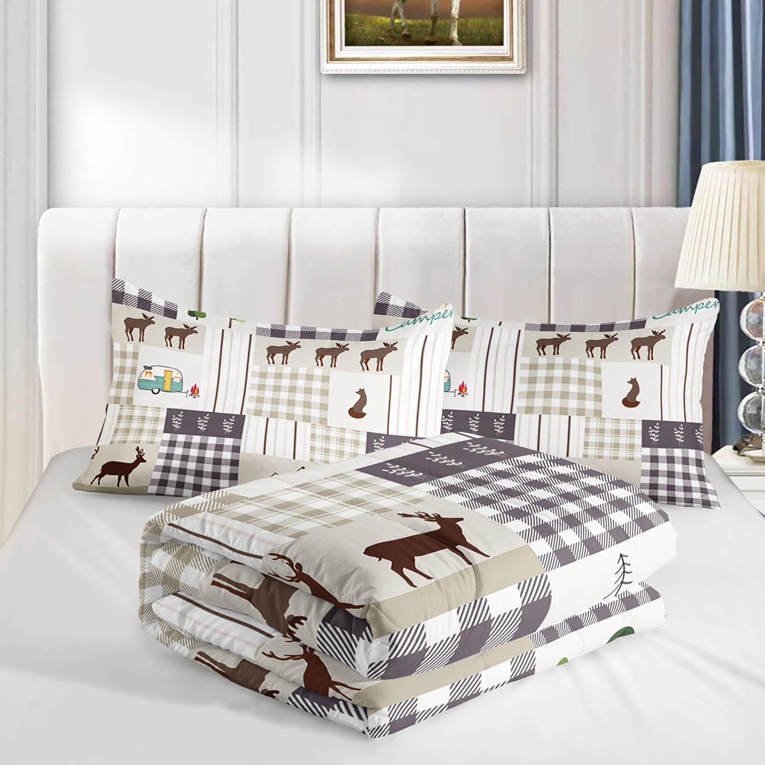 Datura home Happy Camper – Juego de edredón rústico con estampado de ciervos y camper con 1 edredón y 2 fundas de almohada para dormitorio de niños