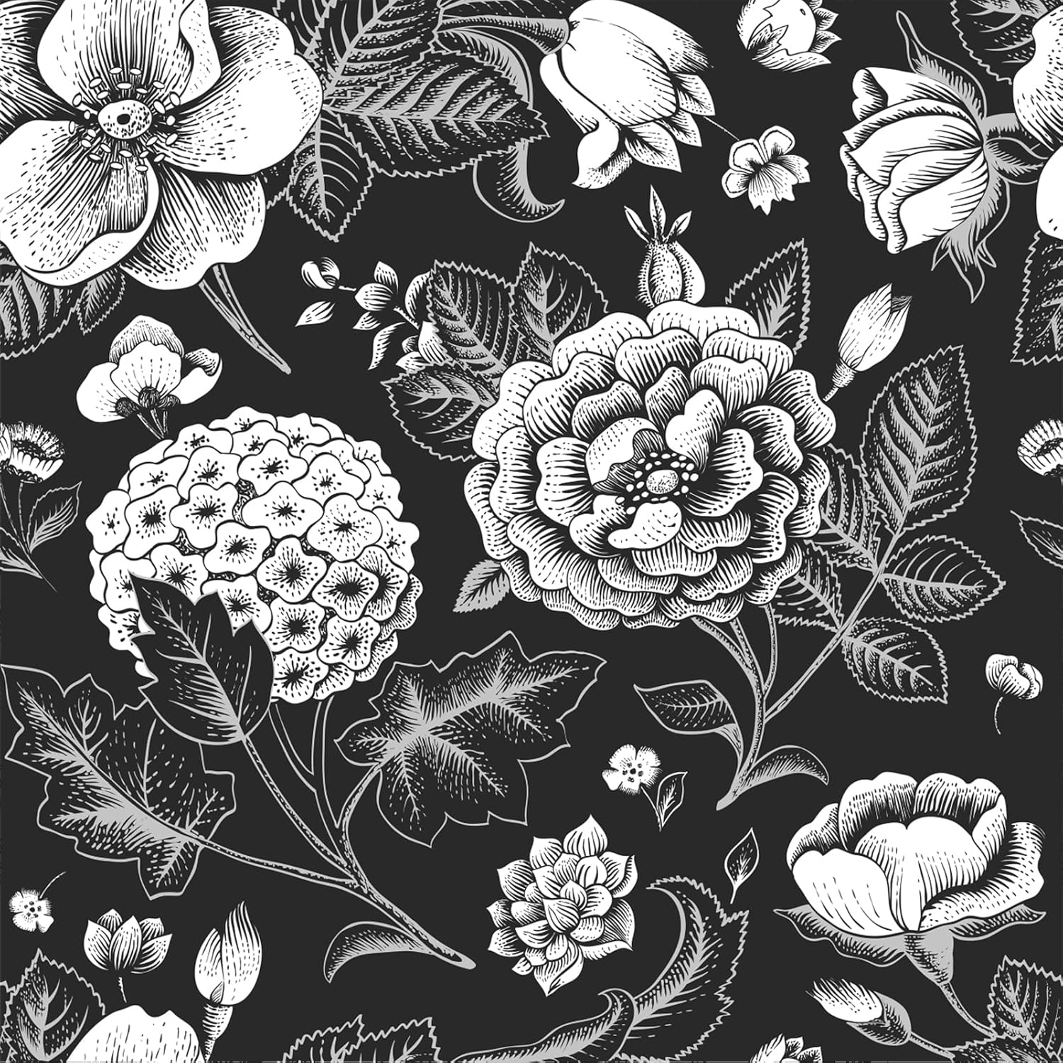 Papel tapiz vintage moderno en blanco y negro, papel tapiz floral, autoadhesivo, prepegado, papel tapiz removible (17.7 x 118.1 pulgadas,