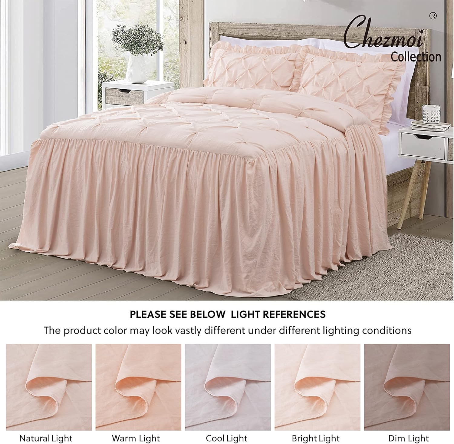 Chezmoi Collection Aria – Juego de colcha plisada de 3 piezas con falda con volantes  French Country Chic Farmhouse  California King, color rubor