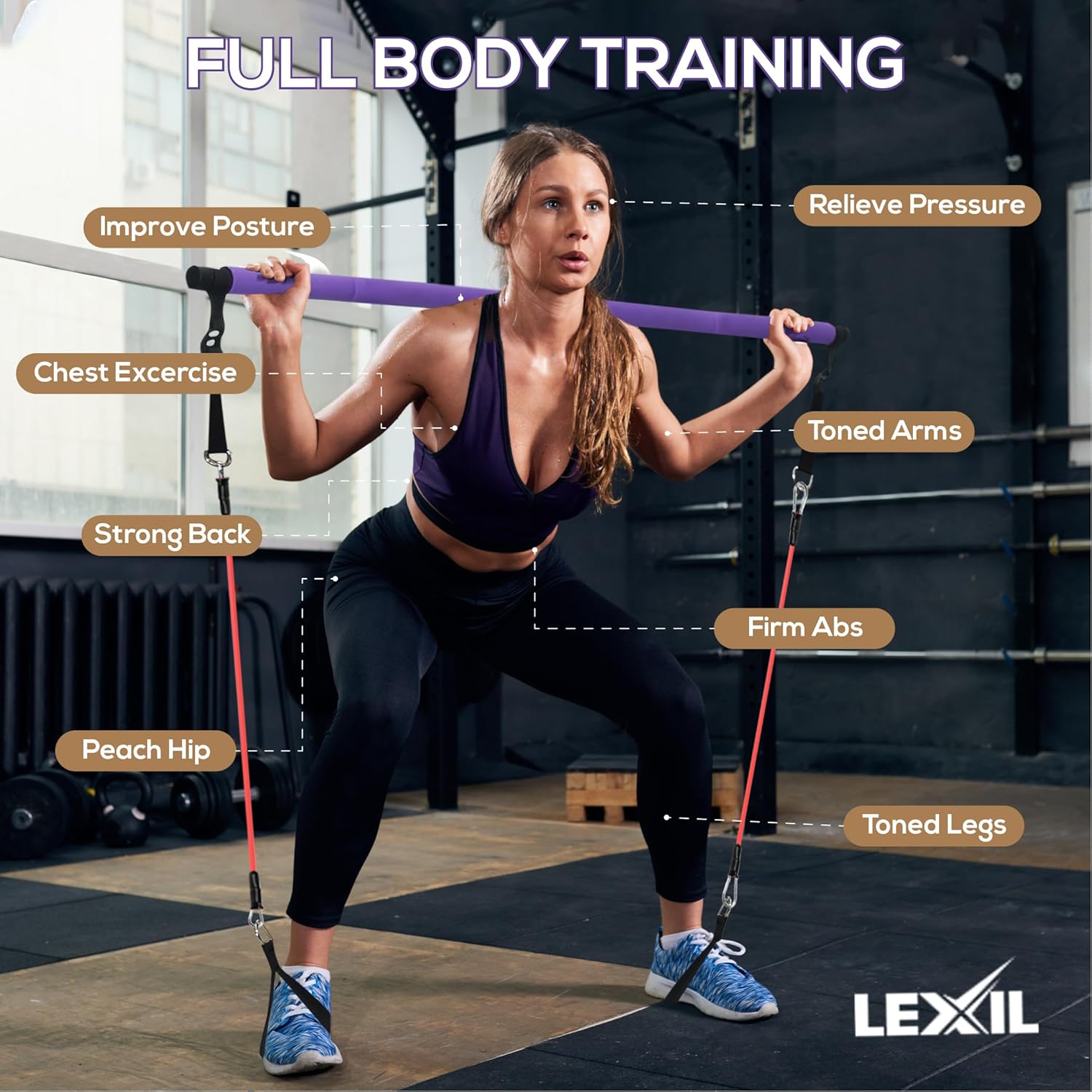 LEXIL Kit de ejercicios de barra de pilates portátil, apilable, 3 pares de bandas de resistencia (15, 20, 30 libras), equipo de gimnasio en casa