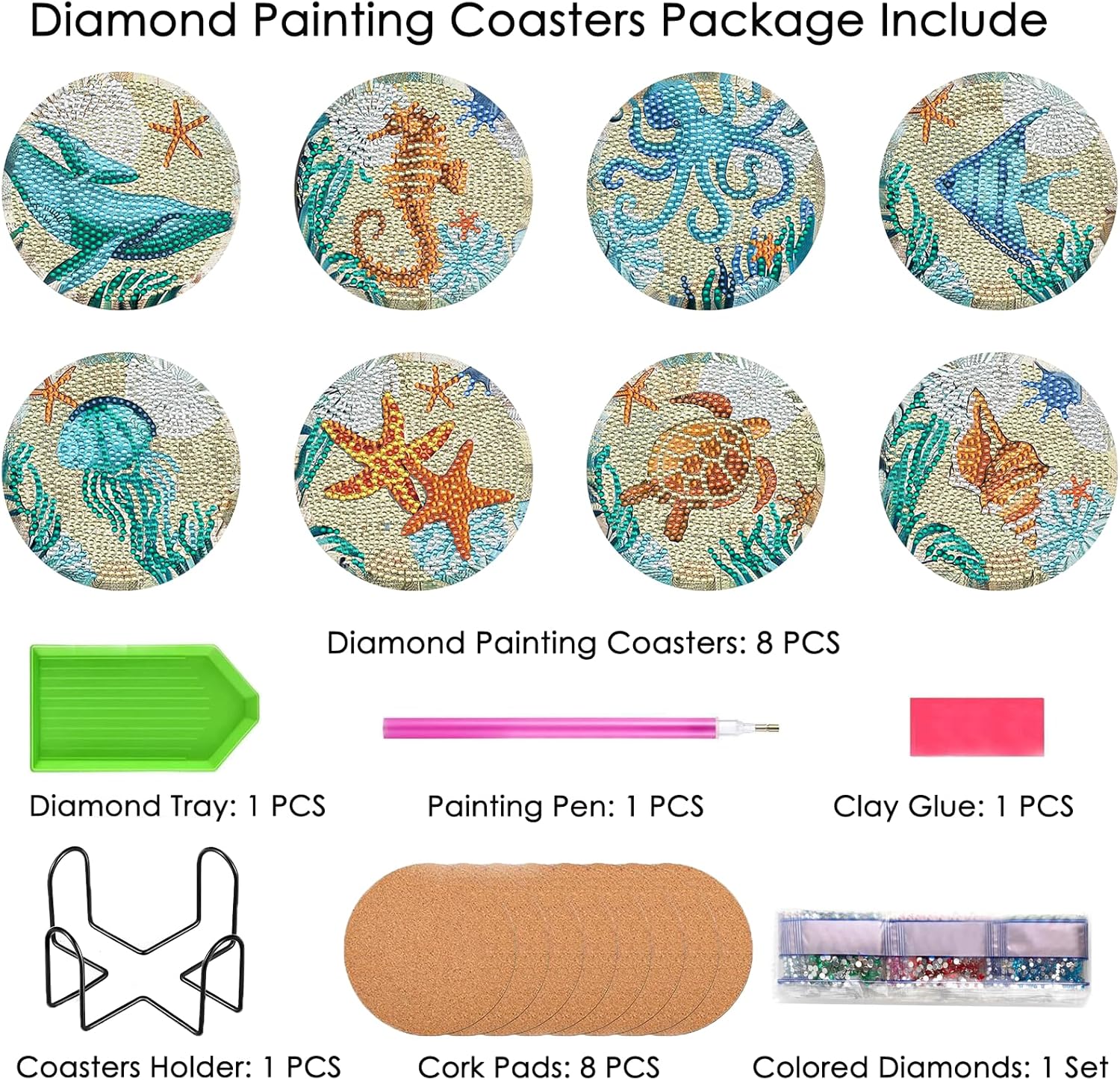 TDOOW Posavasos de pintura de diamante oceánico, 8 piezas de posavasos redondos de diamantes con soporte, posavasos de manualidades de diamantes