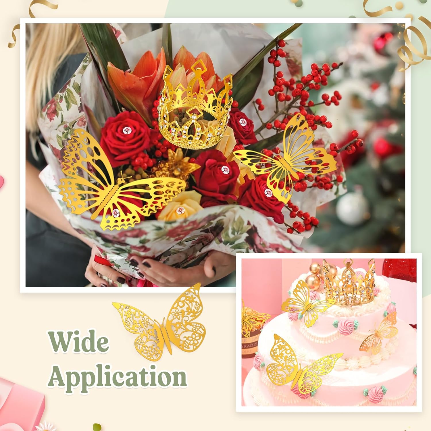 FairySandy 12 hojas de papel de regalo para ramo de flores, impermeable, con 100 pines, 4 coronas para tartas, 24 mariposas doradas para regalos de