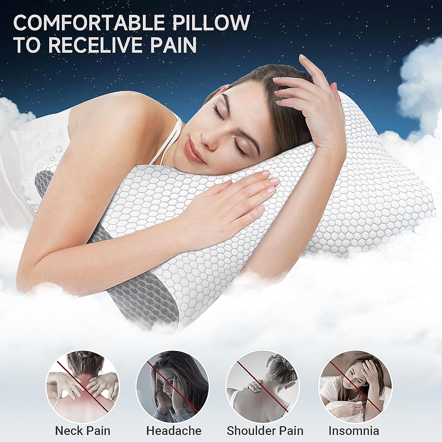 CushZone Almohada cervical ergonómica para aliviar el dolor, soporte para cuello y hombros, para dormir lateral, espalda y estómago, artículos