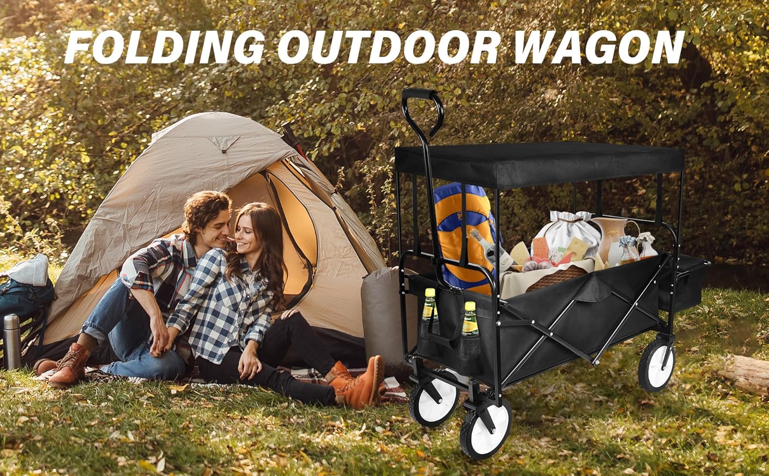 YSSOA Carrito de mano portátil plegable resistente con toldo extraíble, ruedas de 8 pulgadas, asas ajustables y doble tela para compras, picnic,