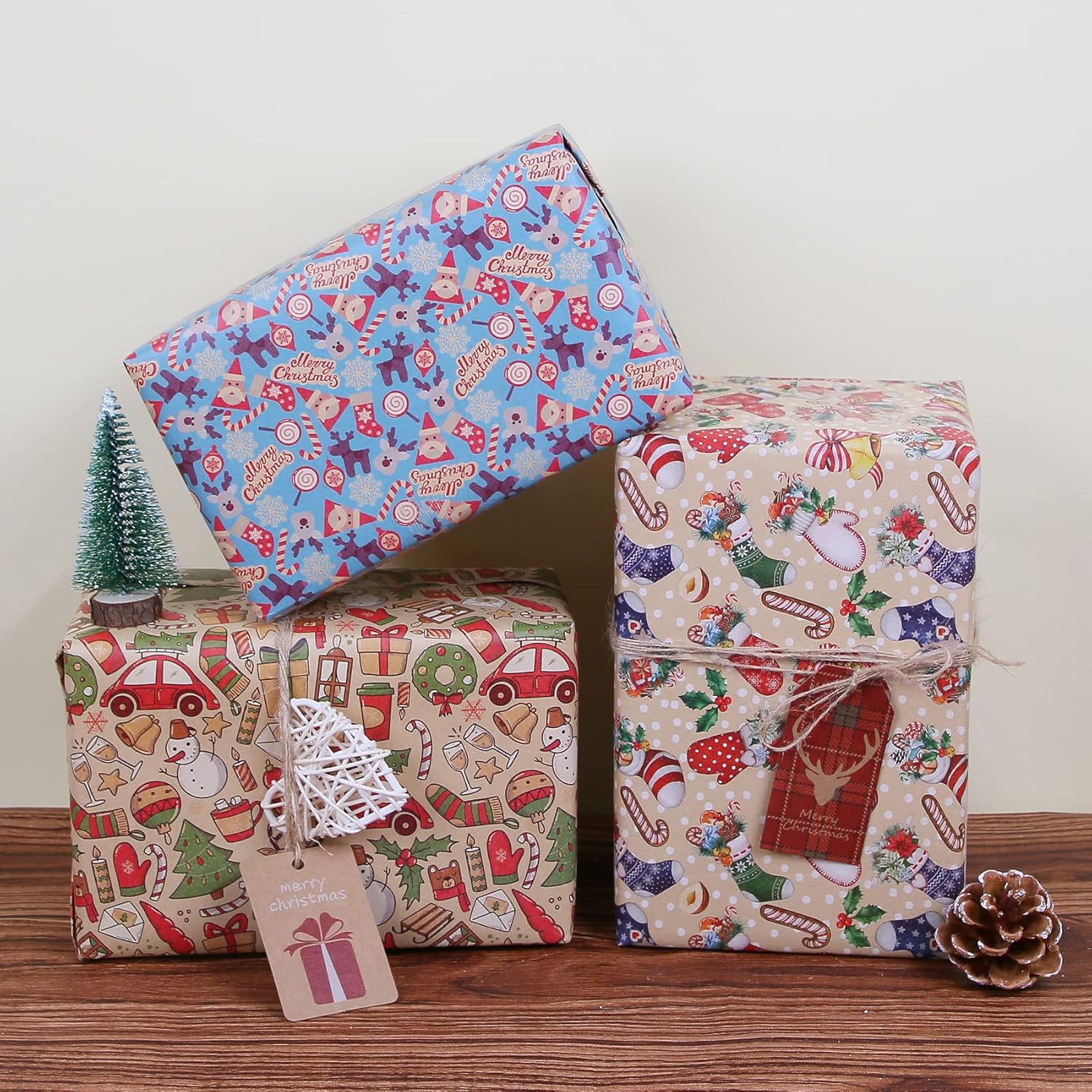 Aimyoo Paquete de papel de regalo de Navidad de estraza azul, juego de papel de regalo de Navidad para niños, diseño de bastones de caramelo,